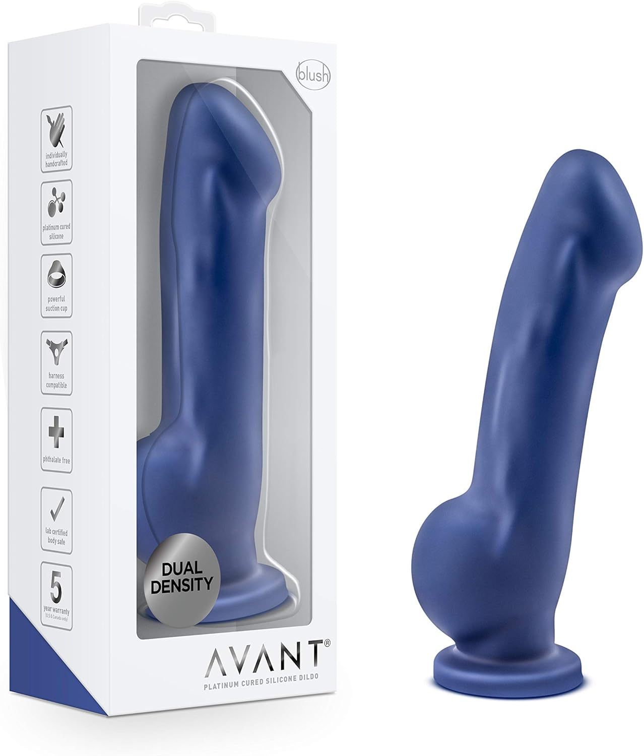 Blush Novelties Avant Ergo - Sensa Feel Ultra Soft Dual Density Purio™ Platinum Silicone Dildo - 7 Inch - 1.5" Wide - Ultrasilk Smooth - Strap On Compatible Suction Cup - Hands Free Sex Toy - Indigo