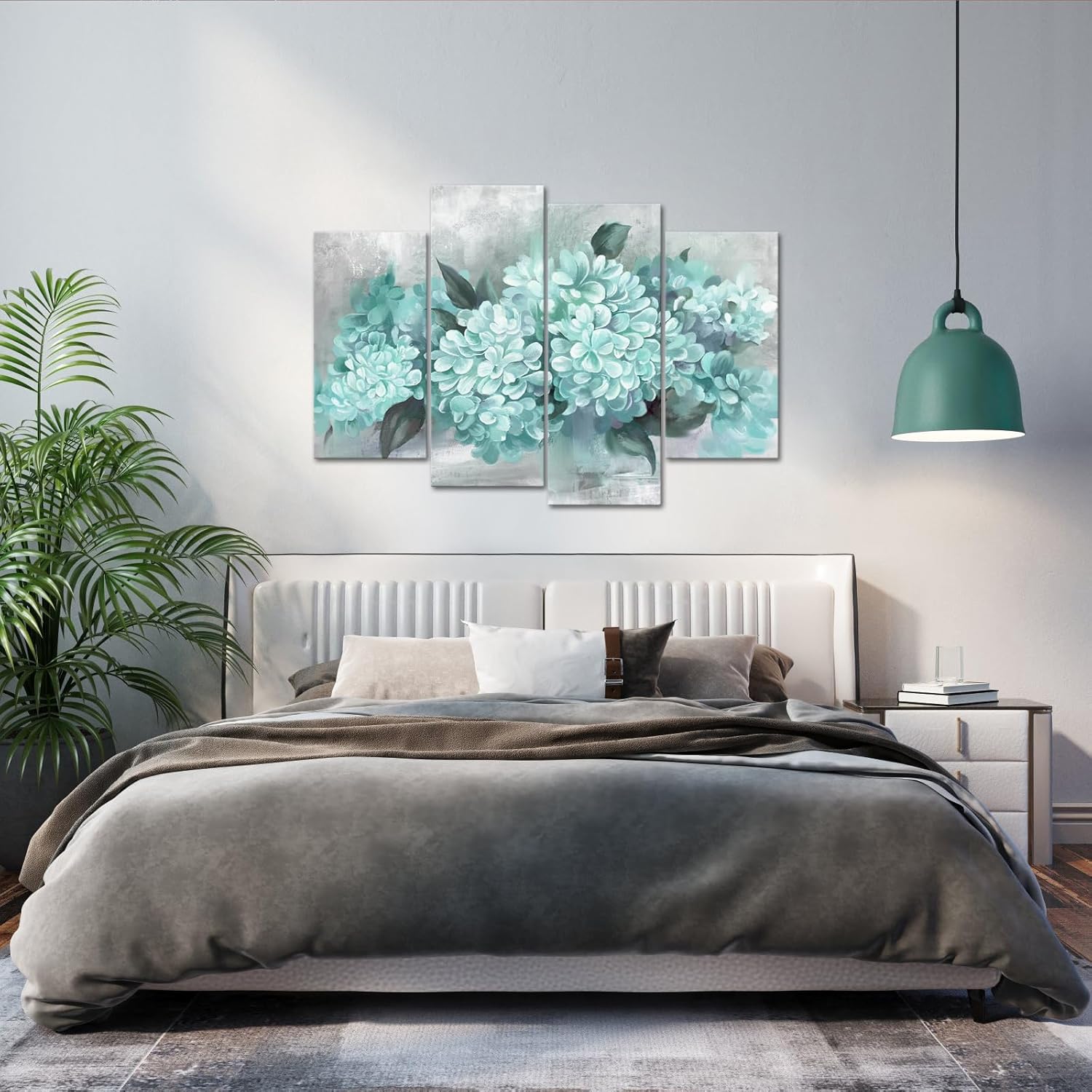 RyounoArt Aqua Pictures Wall Decor Hydrangea Canvas Paintings Teal Flower Art Prints for Living Room Bedroom Framed Large