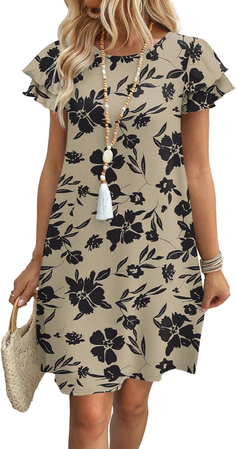 OFEEFAN Womens Summer Dresses 2026 Ruffle Sleeve Round Neck Loose Swing Sundresses with Pockets Plain/Print