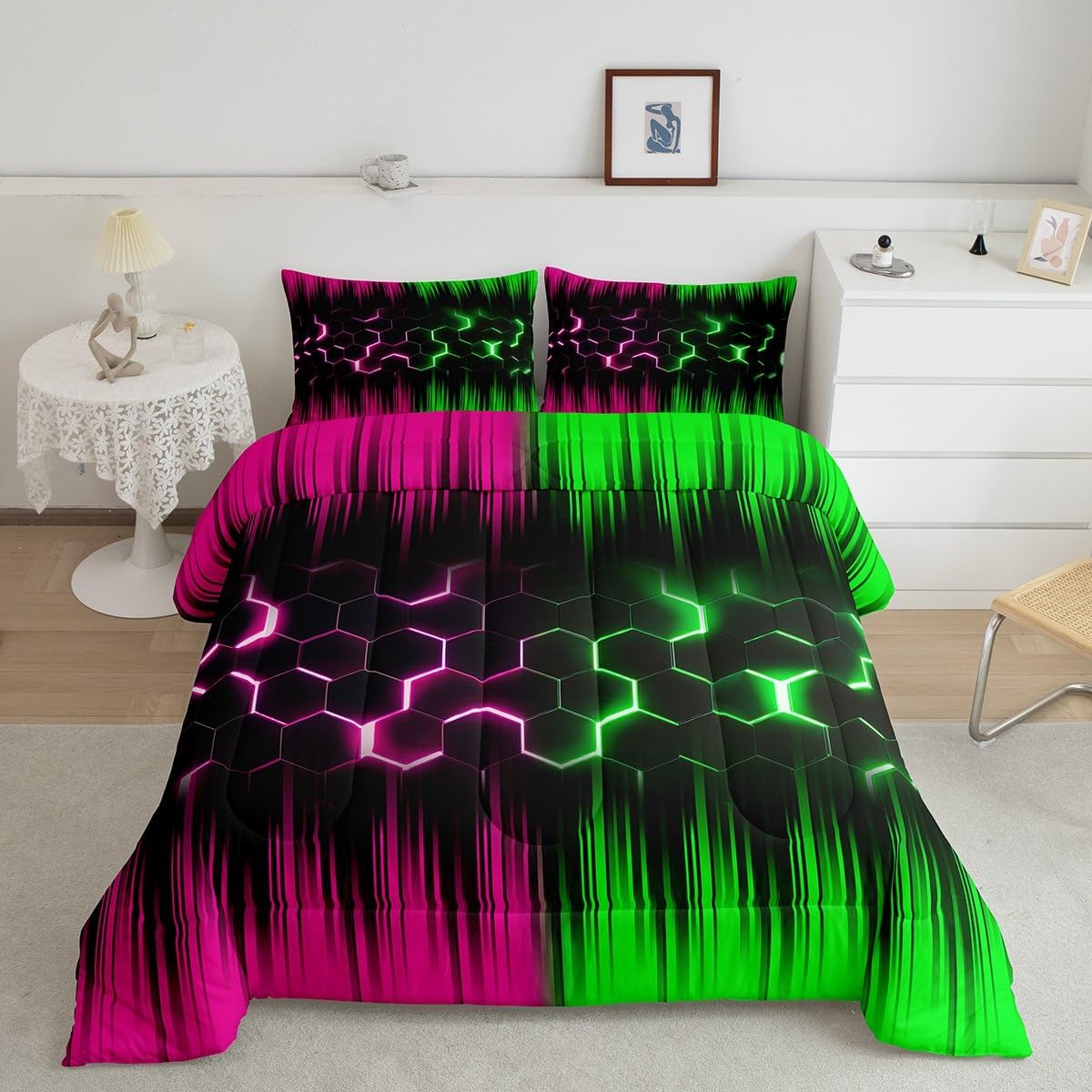 Erosebridal Geometric Honeycomb Comforter Set Queen Neon Pink Green Black Striped Bedding Set for Girls Boys Kids Adult,Abstract Gradient Ombre Comforter Set Beehive Hexagon Bed Set 3Pcs