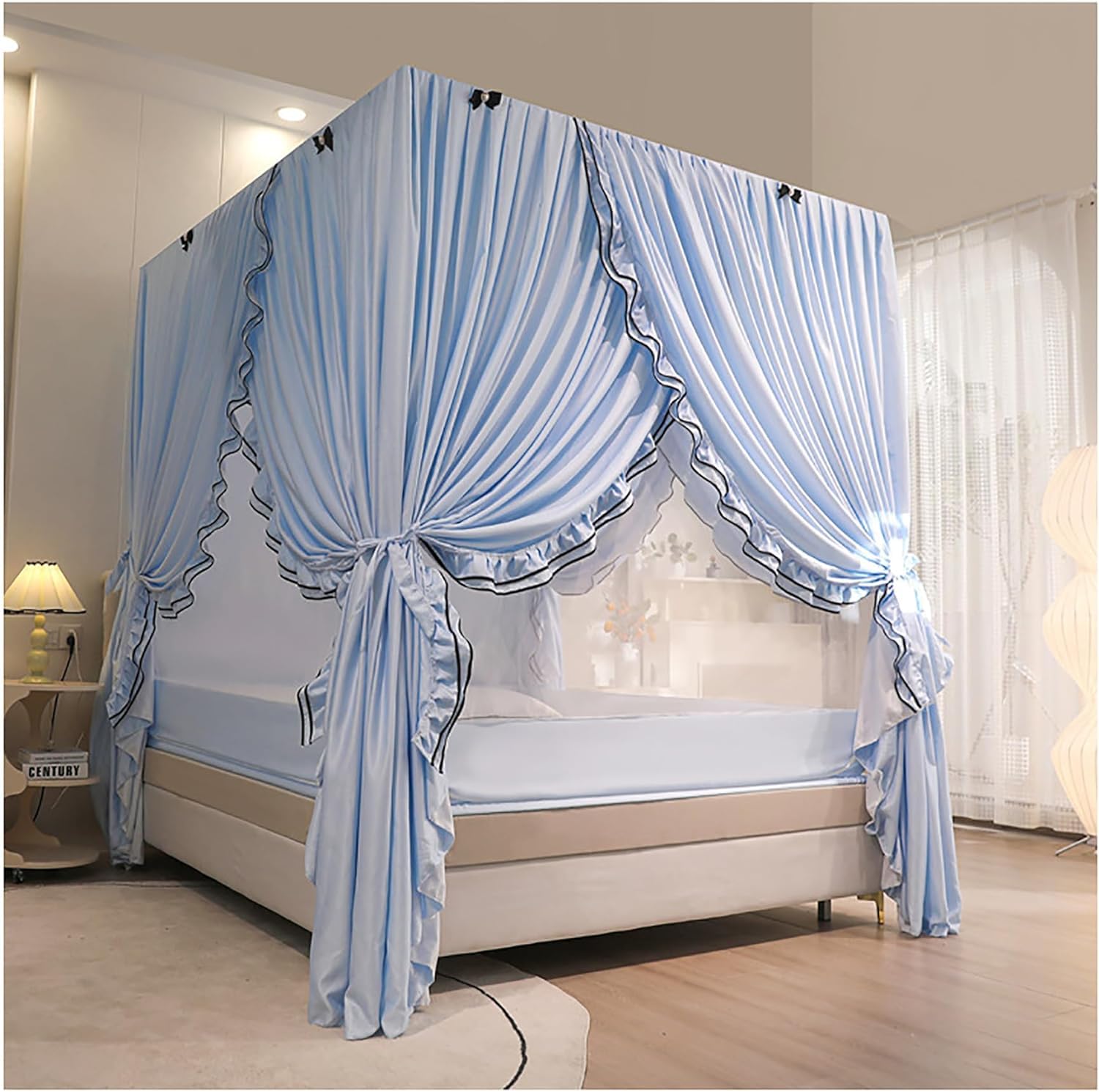 GTHTUHFD U Princess Bed Netting Canopy For S, Mosquito Net Bed Frame, 4 Corners Curtain Brackets Post Bed Curtain Canopy For Bedroom,Blue-Queen