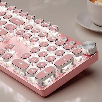 EWEADN V20 Typewriter Keyboard Wireless,104 Keys Typewriter Style Mechanical with White Backlit, Media Knob, White Switch 2.4G/Bluetooth/USB-A Retro Full Size Keyboard for Windows/Mac/PC-Dark Pink