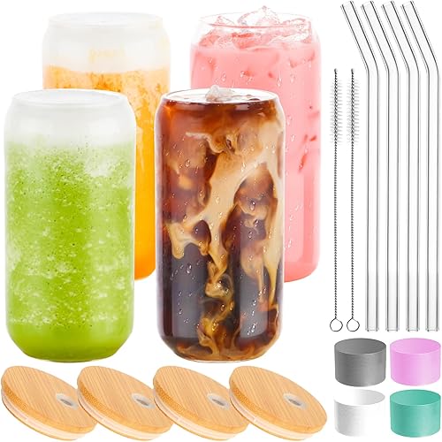 Miniatura 9 de Kxuhivc Juego de 8 vasos de vidrio de 16 onzas con tapas y pajitas de bambú, vaso de cerveza para mojito soda, batidos, whisky, café helado, cóctel,