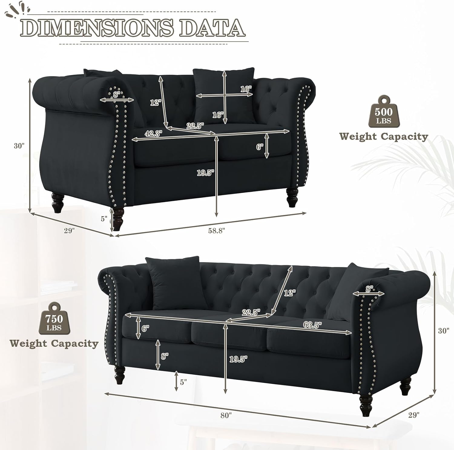 JEEOHEY Chesterfield Sofa Set,2 Pieces Button Tufted Velvet Couch with Rolled Arms&Nailhead Trim,Comfy 2/3 Seater Sofa,Oversize Mid Century Modern Couch for Living Room,Bedroom,Apartment,Office(Black)