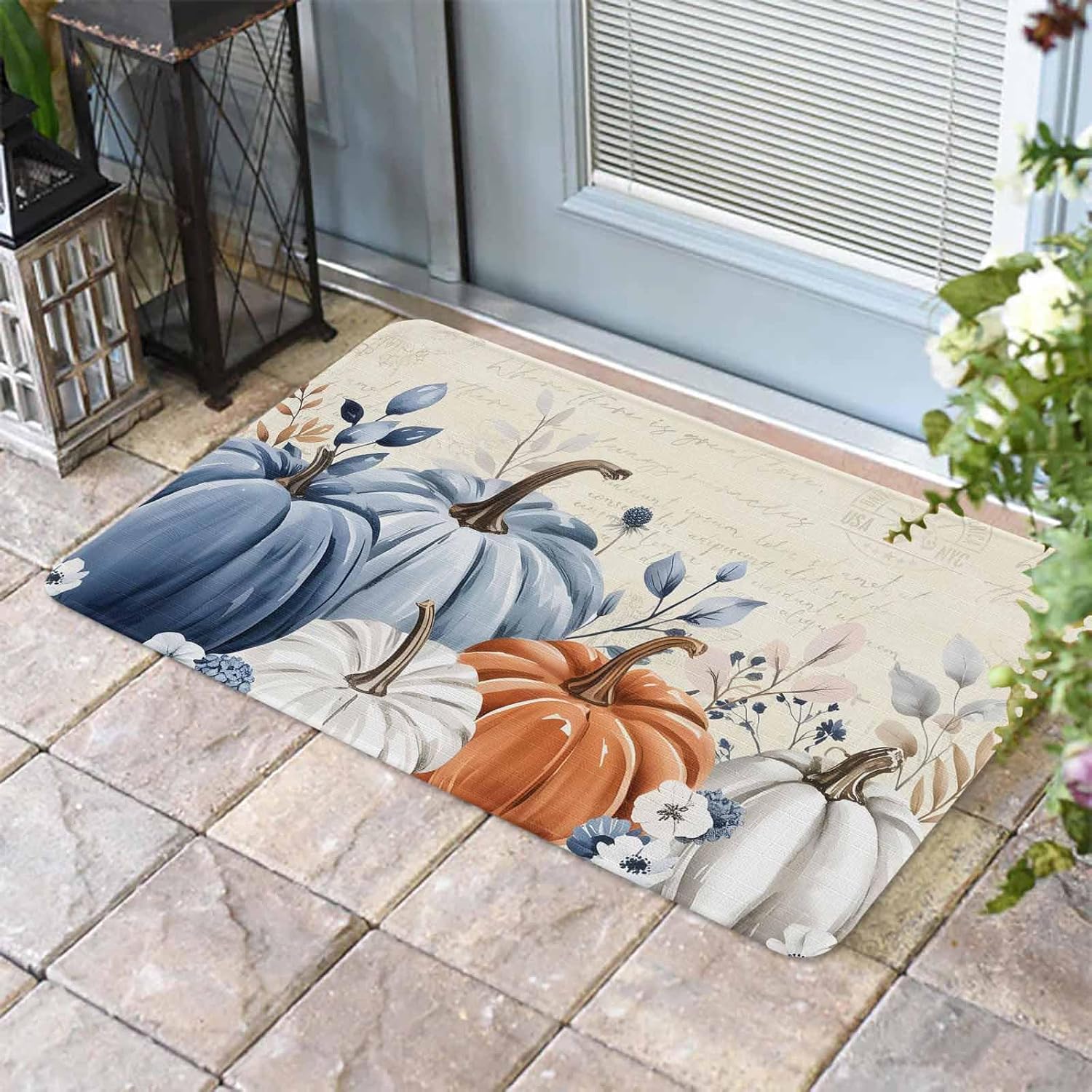 Fall Doormat Orange Blue Pumpkin Welcome Mat Entrance Floor Mats Eucalyptus Leaves Seasonal Autumn Harvest Thanksgiving Decoration Indoor Outdoor Non Slip Rubber Mat 24x36 Inch