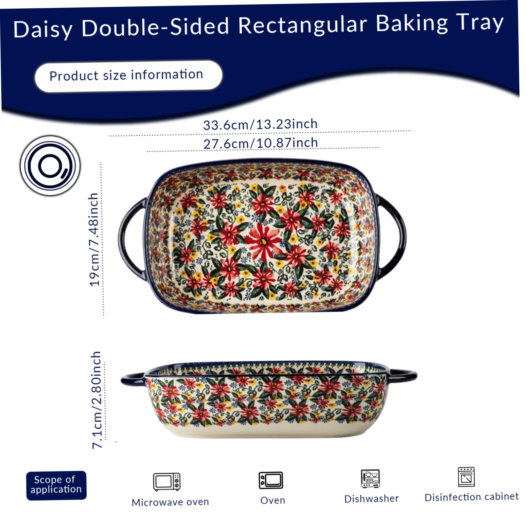 Teglia da forno, pirofila in ceramica resistente al calore da 1900 ml con doppi manici, lasagne rettangolari con stampa margherite, pirofile lavabili antiscivolo per la cucina del forno, Figürchen