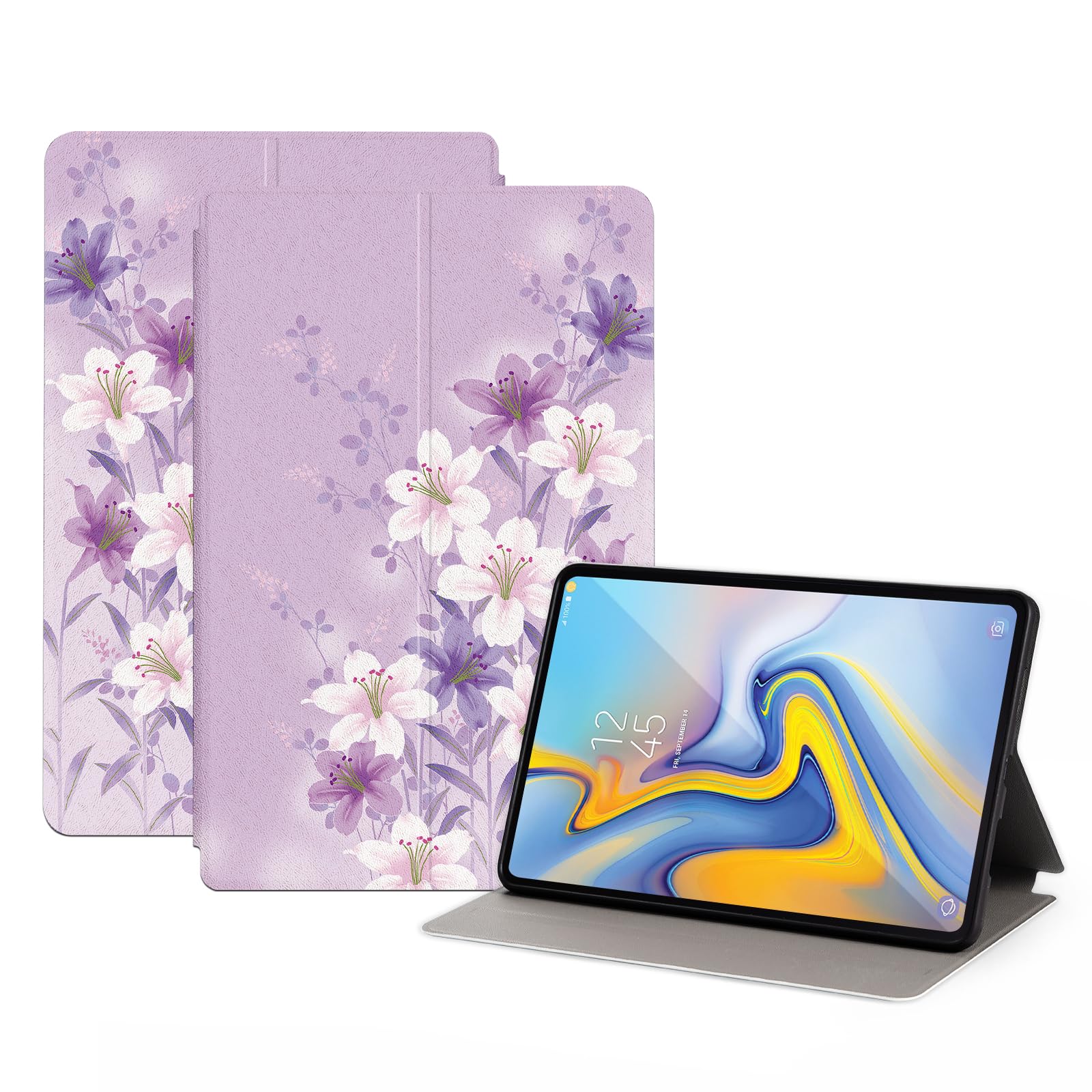Case for Samsung Galaxy Tab A 10.5 inch 2018 (SM-T590 T595 T597) for Girls Women Multi-Angle Viewing Stand Cover Smart Back Protective Cover Auto Wake/Sleep, Purple Flower