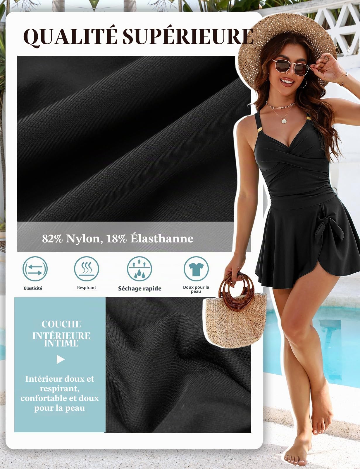 Nadeer Maillots de Bain Une Pièce Femme Robe Col en V Push Up Contrôle du Ventre Swimsuit Dress Swimwear de Plage Elégant Ventre Plat Beachwear