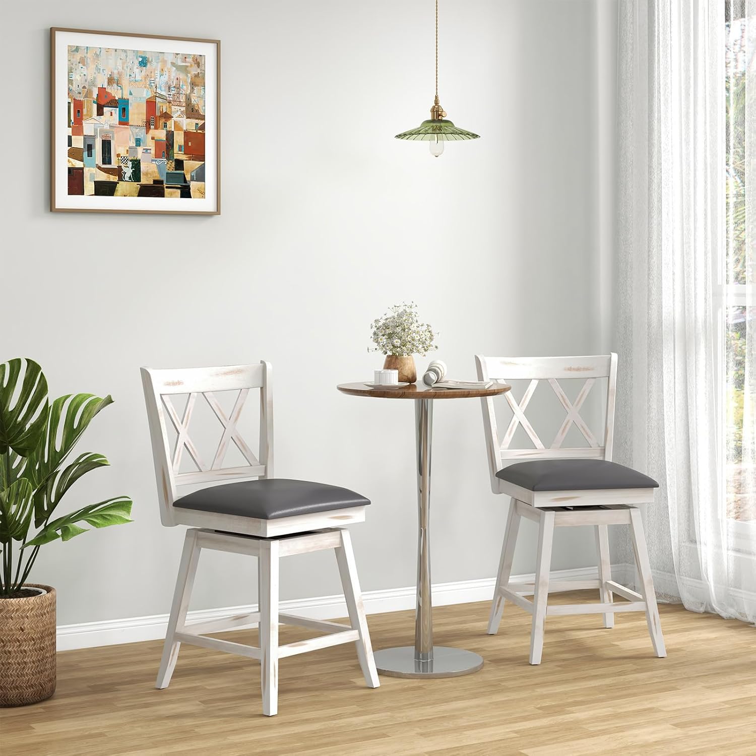 LDAILY Bar Stools Set of 2, Swivel Bar Stools 25 Inches with Upholstered Cushion & Exquisite Back, Wood Antique Farmhouse Counter Height Bar Chairs for Kitchen Island, Pub, Restaurant, Home (2, White)