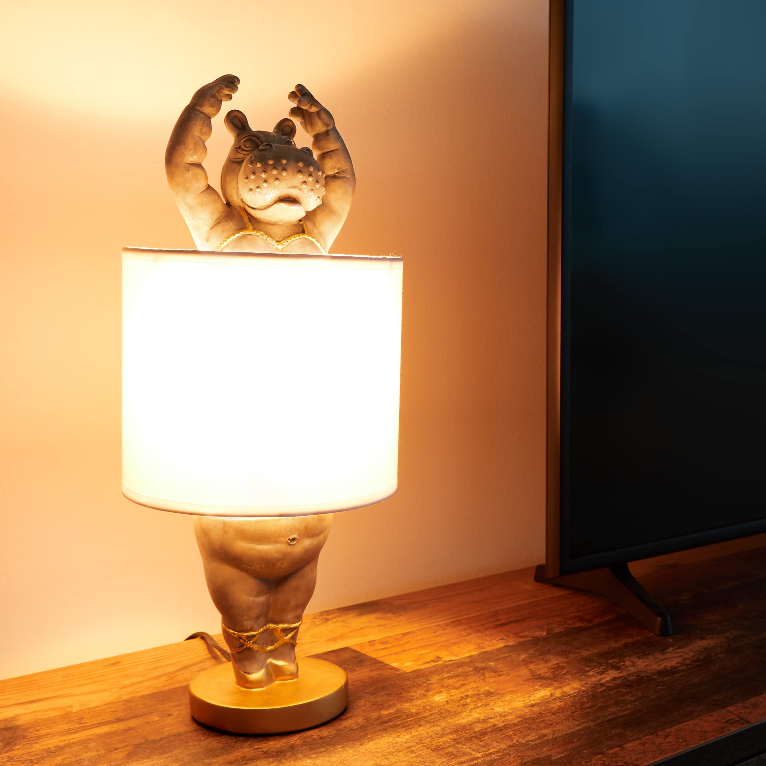 BRUBAKER Tisch- oder Nachttischlampe Nilpferd Ballerina - Tischleuchte mit Keramikfuß und Stoffschirm - 43 cm Höhe, Weiß Grau