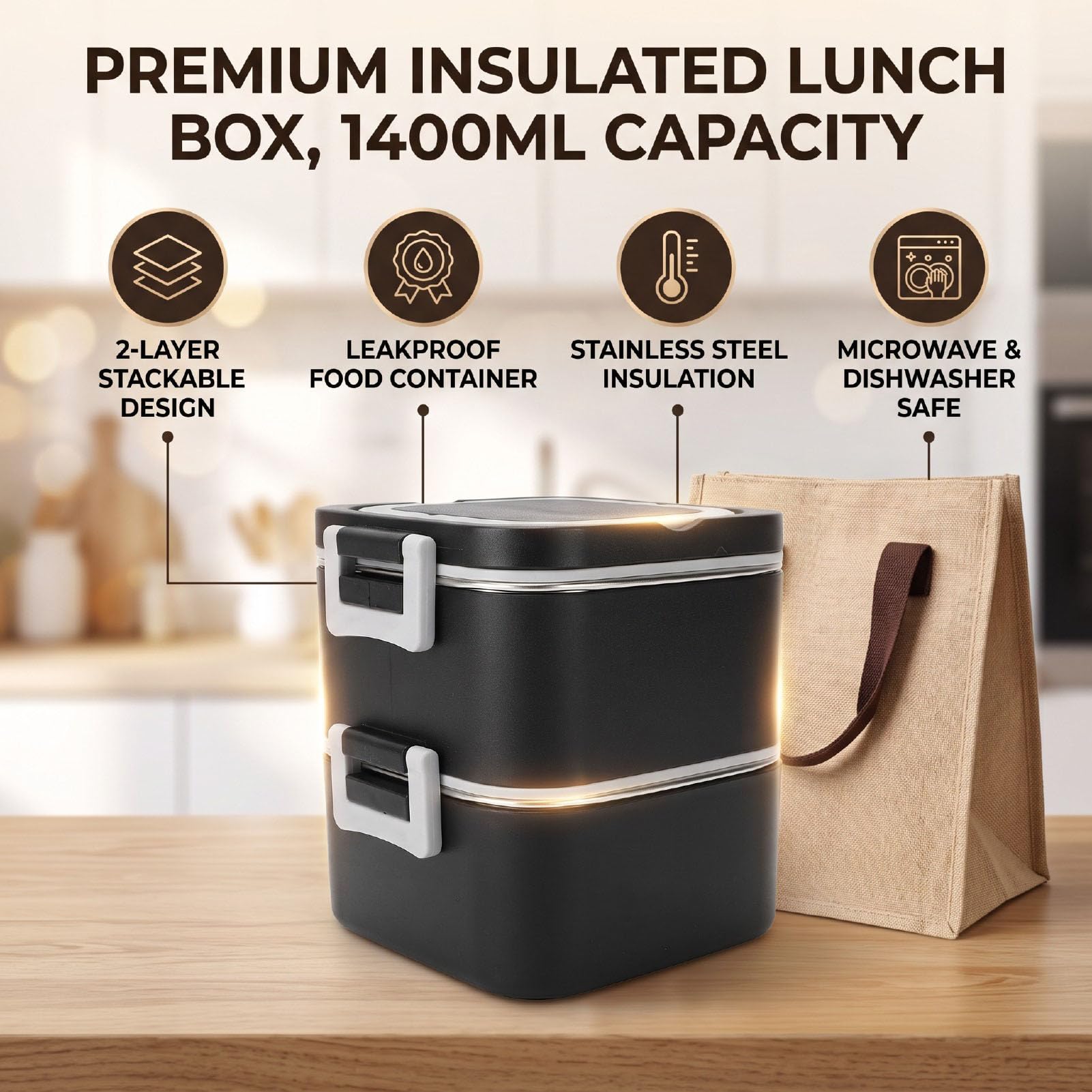 GOWENIC Acciaio Inossidabile 1400ml 2 Strati Termico Lunch Box con Borsa