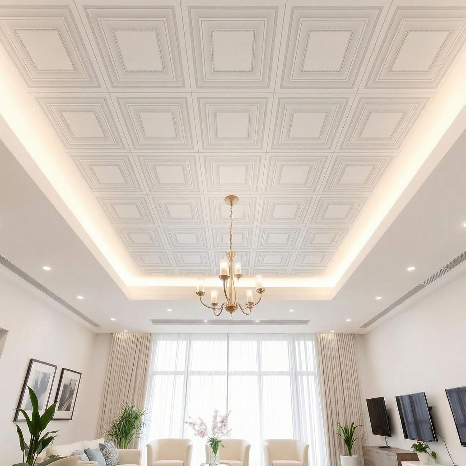 Nuanchu 40 Pcs 15.7 x 15.7 Inch Foam Ceiling Tiles Covered 68.8 Sq. ft, Self-Adhesive Ceiling Cover, Peel and Stick Wall Panel, Waterproof Wallpaper DIY for Bedroom, Home Decor(Frame)