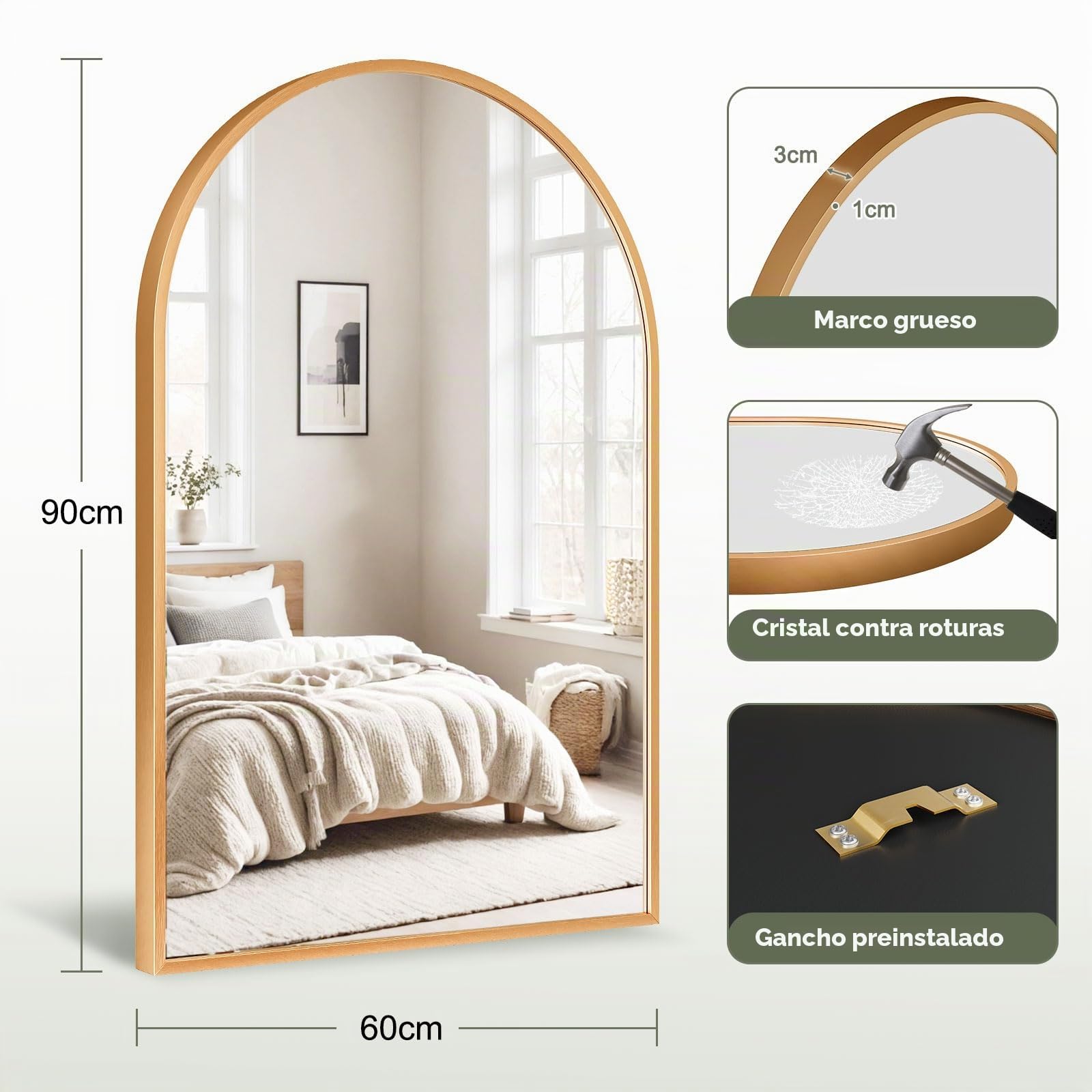 Dripex Espejo Arqueado Pared, con Marco de Aluminio, Espejo en Forma de Arco Pared Decorativo, para Comedor Salón Pasillo Recibidor y Baño, 60x90 cm
