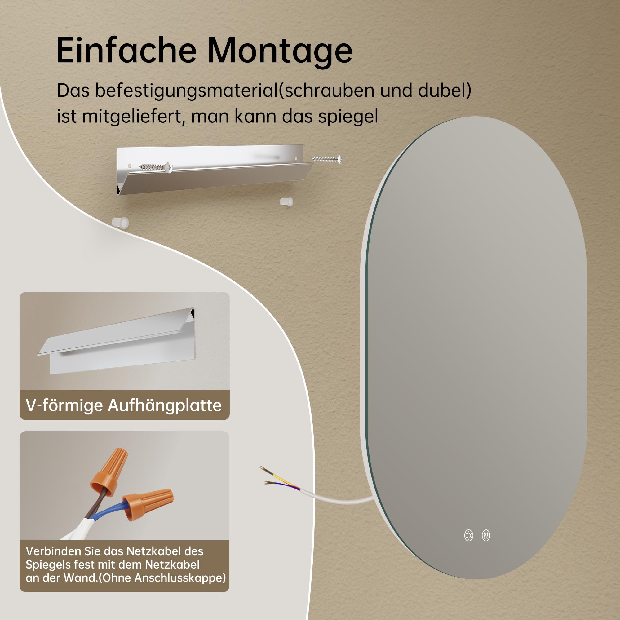 50x75cm LED Badspiegel mit Beleuchtung Oval | Badezimmerspiegel mit Beleuchtung,Beschlagfrei,Touch-Schalter, Dimmbar,3 Lichtfarbe Einstellbare, Bruchsicher