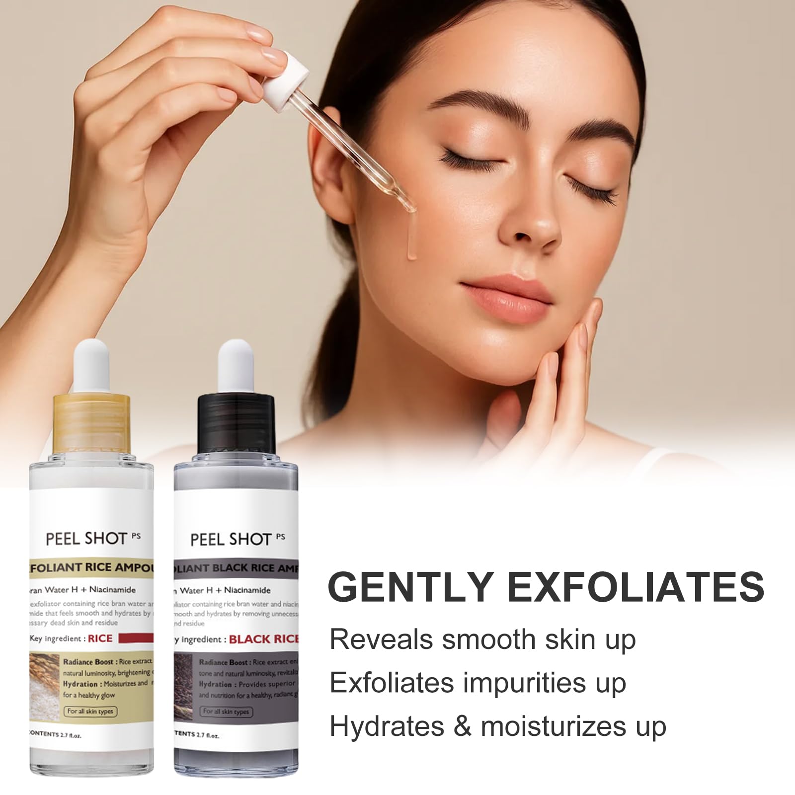 Siero Coreano Esfoliante al Riso, Peel Shot Glow Rice Ampoule Duo, Siero Esfoliante al Riso, Coreano Punti Neri Rimozione, Riduce Pori, Idratante e Illuminante, pelli sensibili (80ml* 2 Pack)