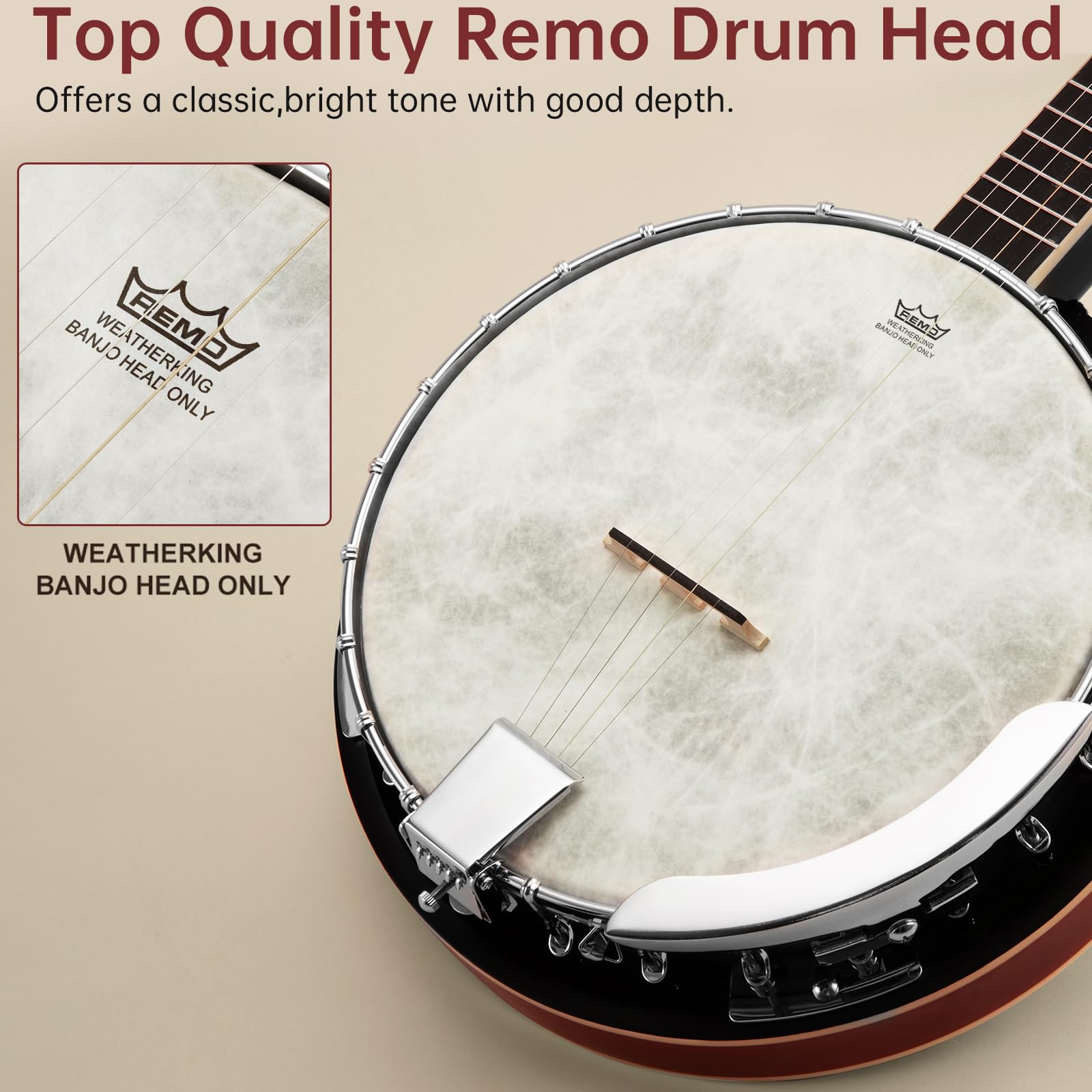 Kmise Banjo per mancini a 5 corde per mancini con testa Remo Full Size 96,7 cm, retro chiuso con risonatore rimovibile, pacchetto di corde, plettri per dita, cinghia, custodia per principianti e