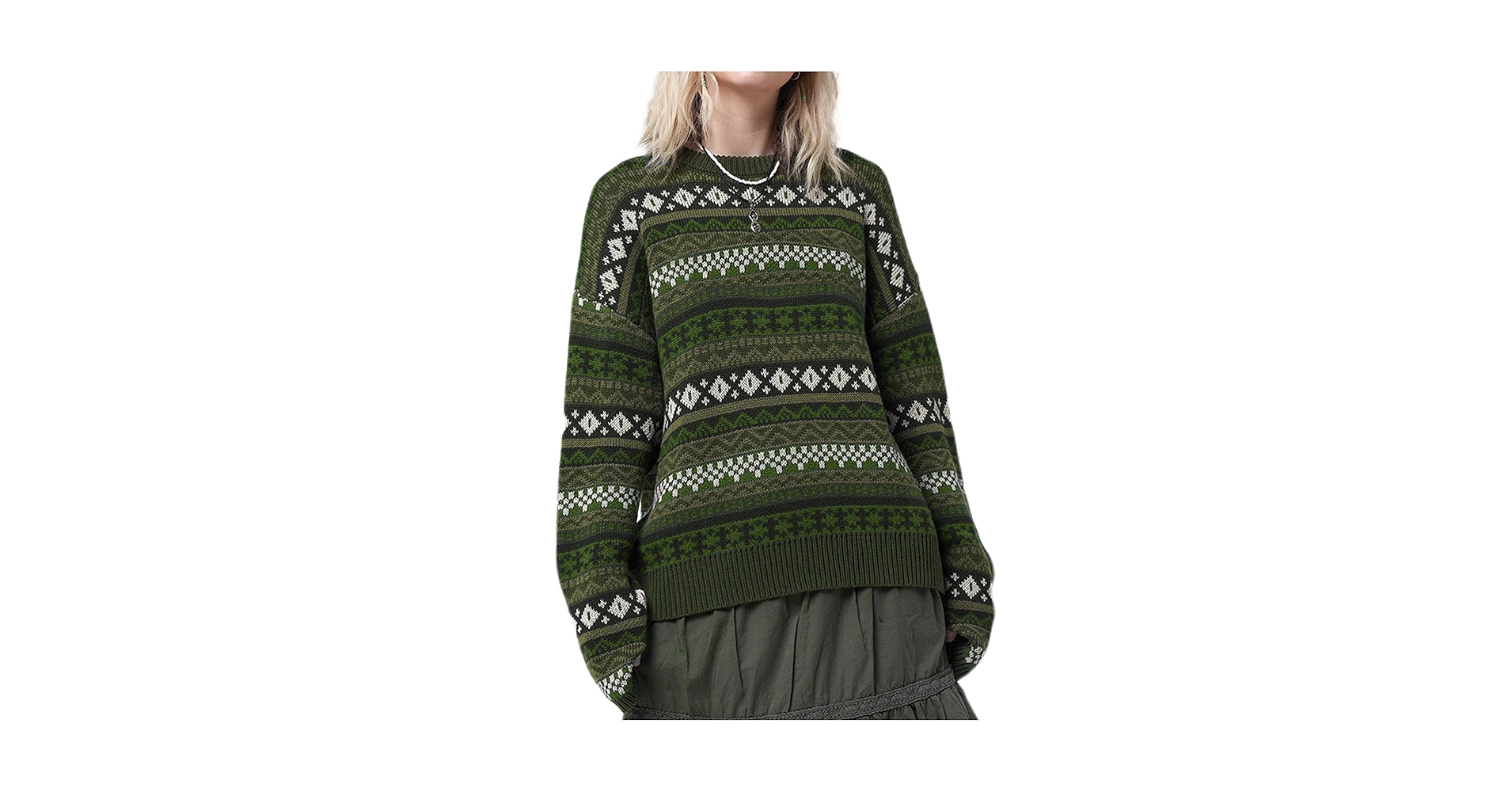 Women Vintage Knitted Sweater Crew Neck Geometric Pattern