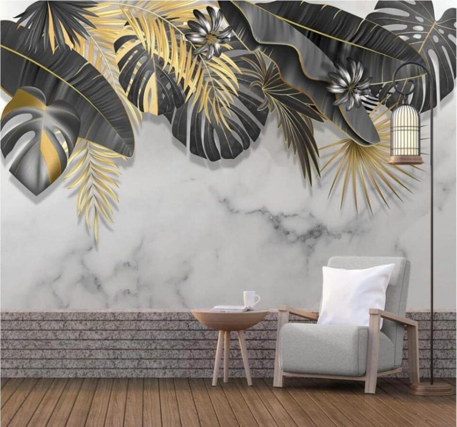 XLMING Three Dimensional Black Gold Banana Leaf Faux Marble 3D Wallpaper Luxury Home Dining Decor Paste Sofa Living Room The Wall for Bedroom Mural-400cm×280cm