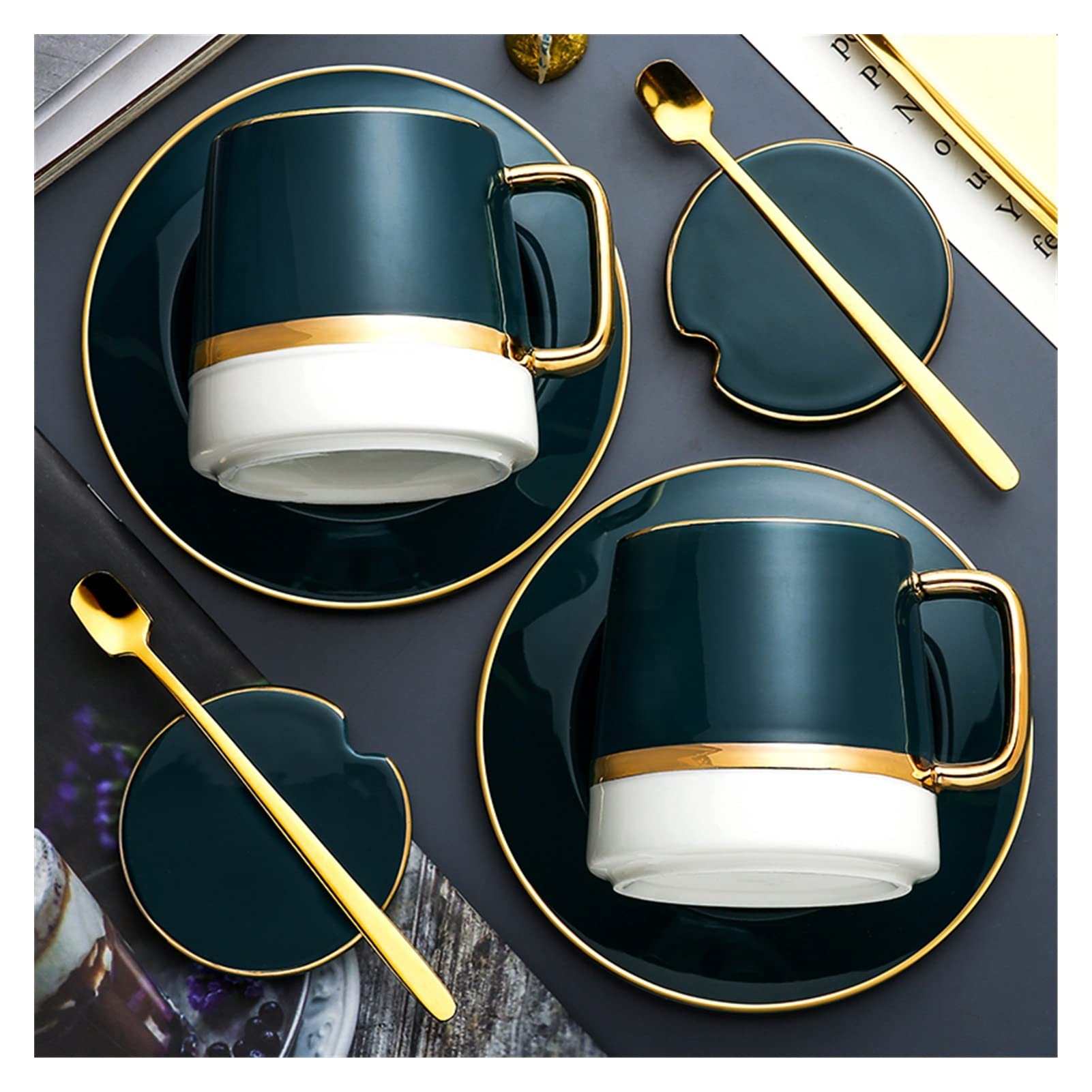 Set Tazzine caffè,Tazzine Caffe con Piattino Tazza di caffè Creativa con Cucchiaio Dessert Osso Alta Tazze di tè Set Coppia Regalo Tazza di Ceramica(Set 2)