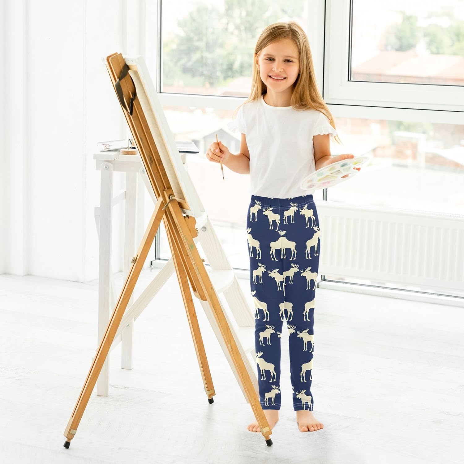 GAIREG Full-Length Girls Leggings Moose Navy Wildlife