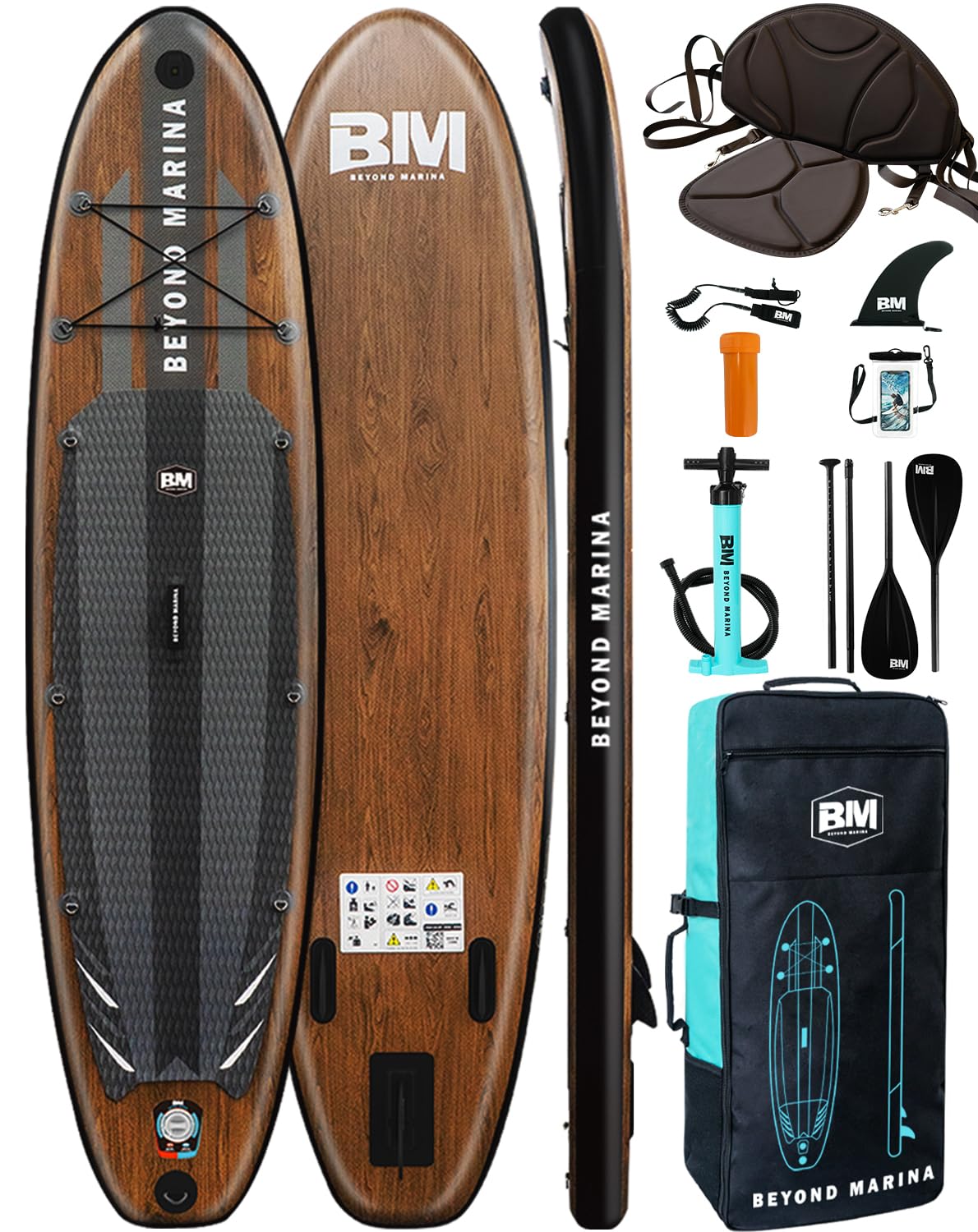 BEYOND MARINA 10'6" Premium Paddle Board + Seat, Inflatable Stand Up Paddle Board for Adults & Youth, Lightweight All-Around SUP Board with Accessories - (320x81x15 cm), Wood