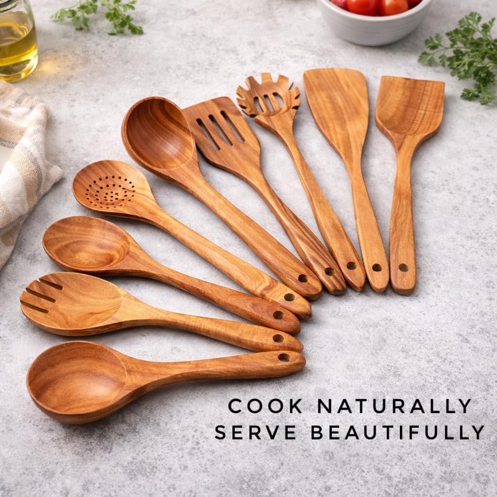 9-Piece Wooden Cooking Utensil Set – Premium Wood Kitchenware for Nonstick Cookware, Heat-Resistant & Durable Wooden Spoons and Spatulas – Eco-Friendly Kitchen Tools for Stirring & Serving - Image 3