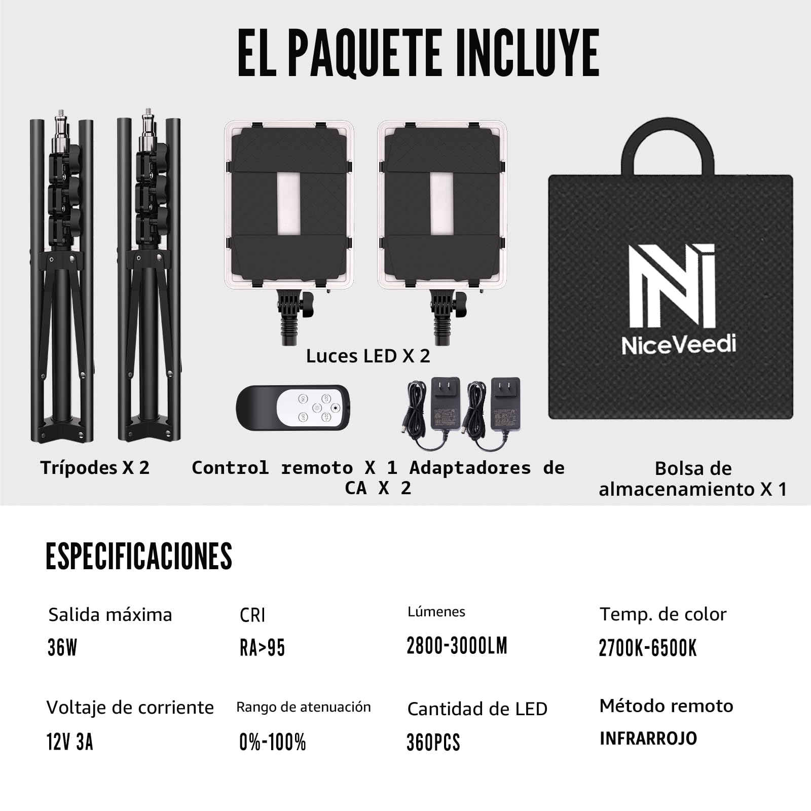 NiceVeedi Iluminación de fotografía, paquete de 2 luces de estudio bicolor 2700-6500 K, 36 W, regulables, luz LED de video para transmisión, juegos y retrato de cámara