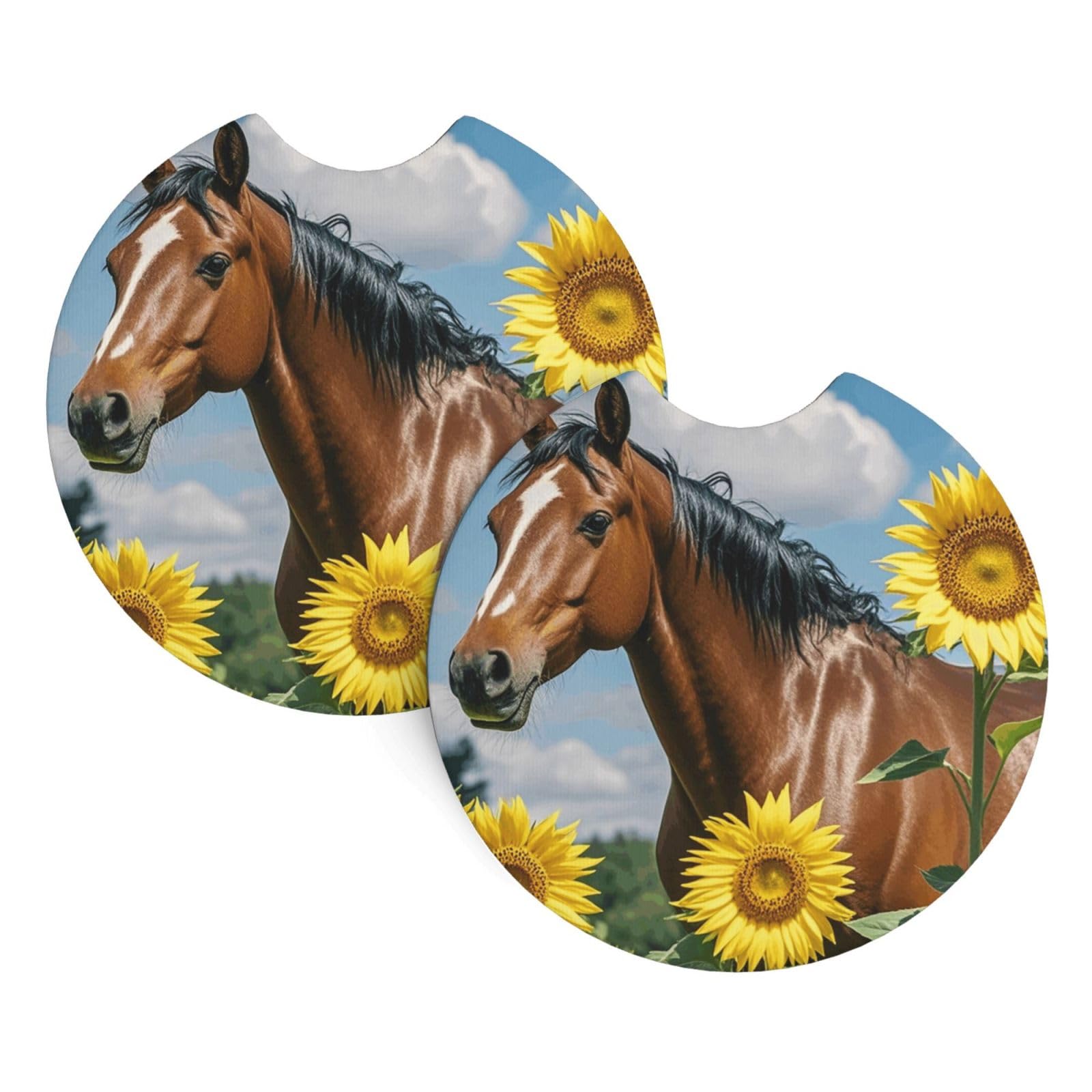 2 Pack Car Coaster for Cup Holders Horse and Sunflower Car Cup Coaster 2.7" Neoprene Non-Slip Automotive Cup Mat Universal Auto Car Interior Accessories for Women Men Cup Pad
