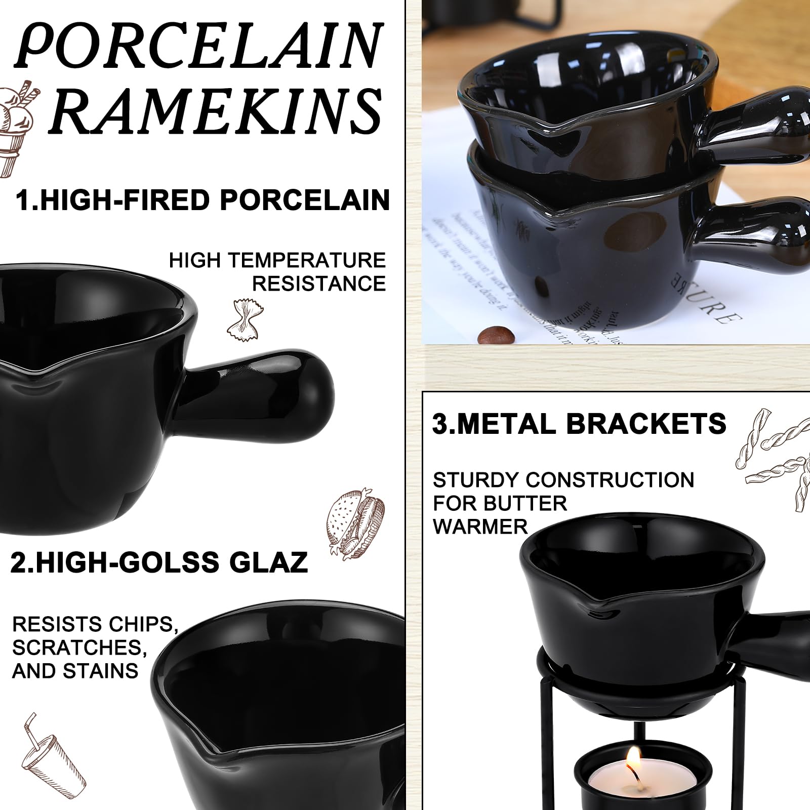 Yungyan 5 Set Butter Warmers for Seafood Ceramic Cheese Warmer Mini Simmer Pot with 25 Pcs Tealight Candles and 5 Pcs Stand for Sauce Melting Chocolate Cheese Dishwasher Microwave Oven Safe (Black)