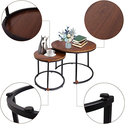 Miniatura 4 de VILAWLENCE Juego de 2 mesas auxiliares redondas apilables laterales con marco de metal resistente, modernos juegos de mesa de noche industrial 23.6
