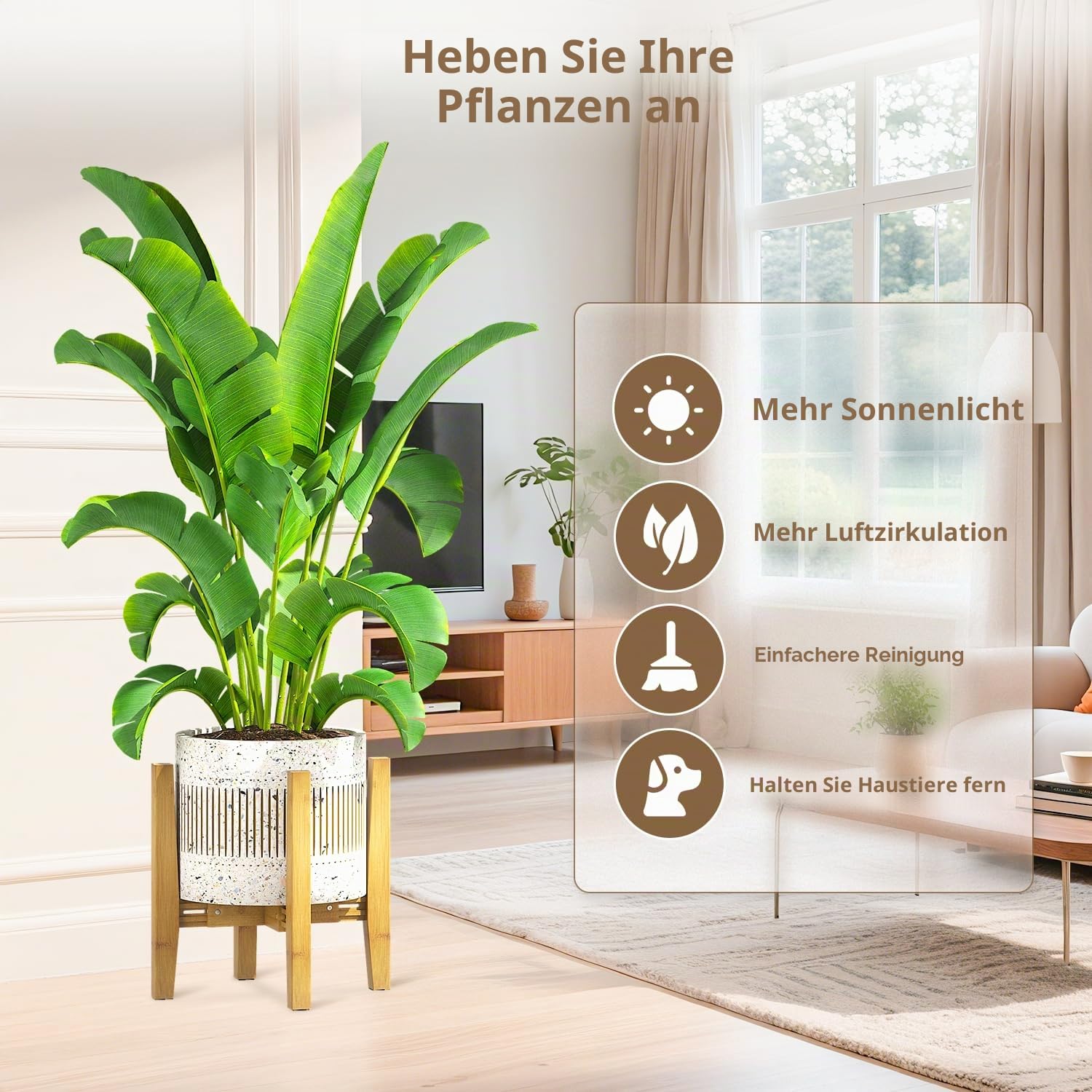VASZOLA Verstellbarer Pflanzenständer aus Bambus für Einzelne Große Pflanzgefäße im Innenbereich, Robuster Bodentopfhalter für 20 bis 30 cm, Mid-Century-Stil, Erhöht für Blumen, Walnuss, 2 Packung