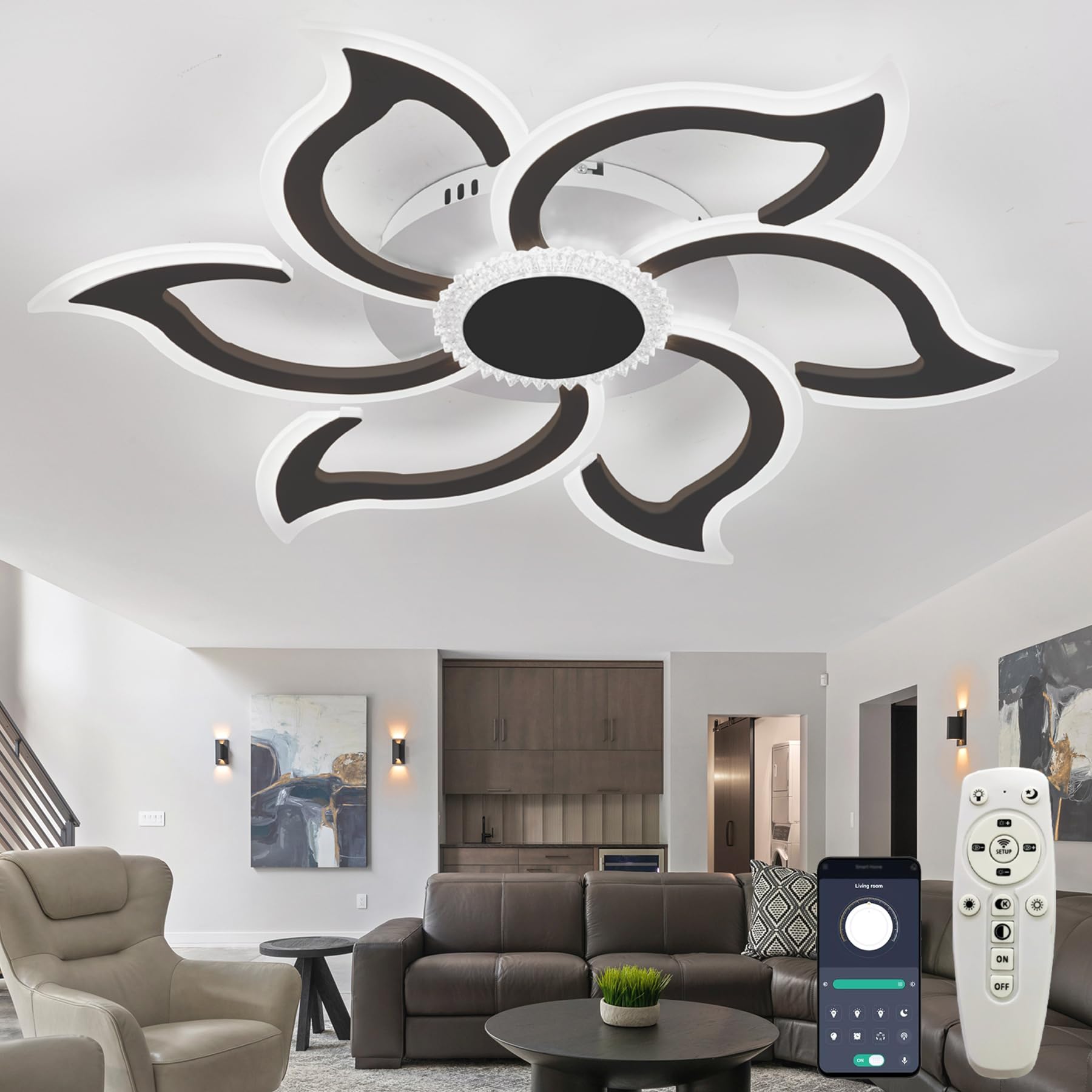 Dobecd Flower Ceiling Light Modern Design Smart Chandelier Dimmable Memory Function with Remote Control Ceiling Lamp Bright Living Room Ceiling Lighting with App Led Acrylic Lampshade for Halls