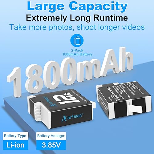 Miniatura 3 de Artman Hero 12 Batería 1800mAh (paquete de 2) para GoPro Hero 12 11 10 9 Negro y cargador rápido de 3 canales, totalmente compatible con GoPro Hero