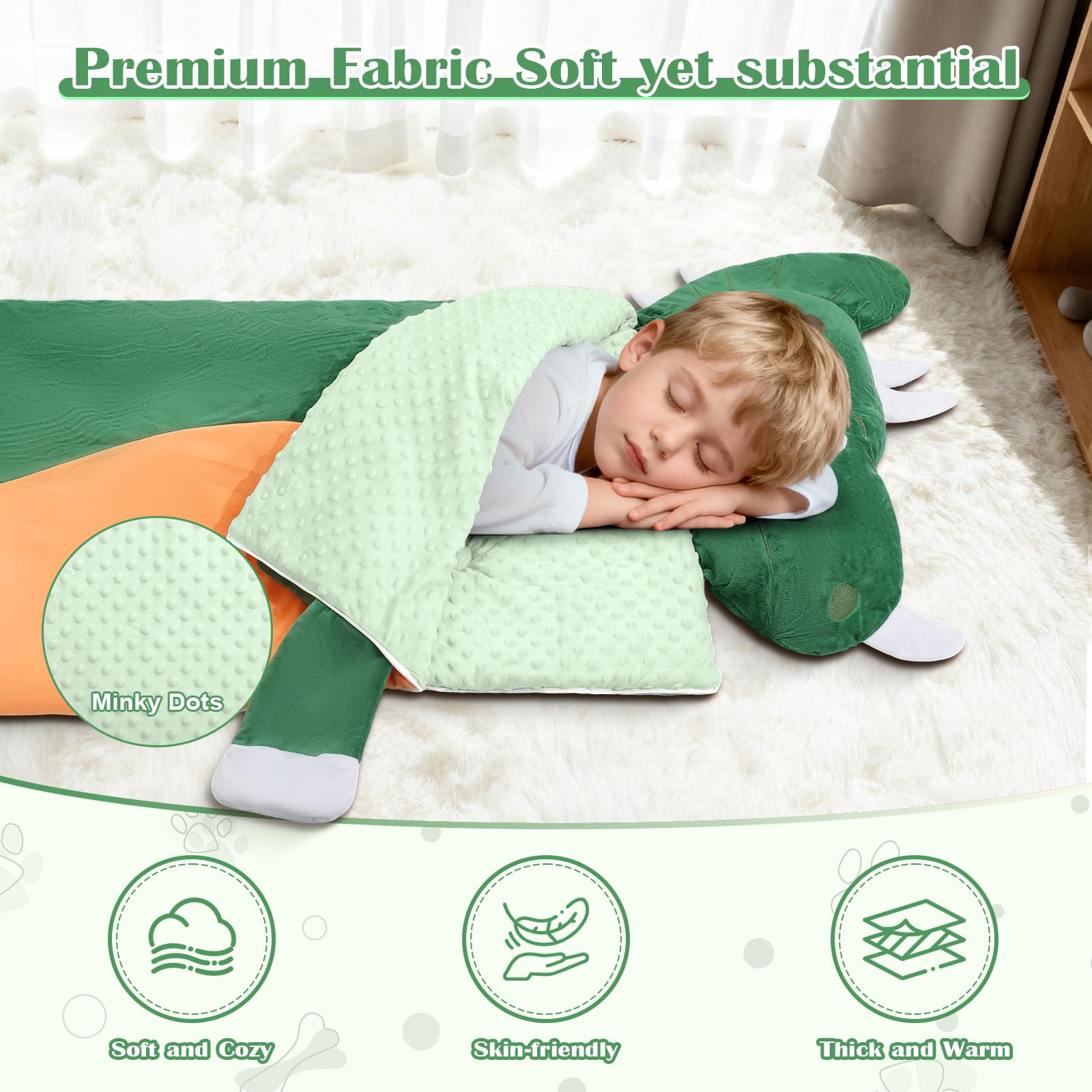 Kids Sleeping Bag with Pillow,Nap Mat for Toddler Boys Girls,Warm Plush Dinosaur Toddler Slumber Bag 170x70cm,Roll Up Large Kids Sleeping Mat with Double Zip for Bedroom Daycare Kindergarten,Green - Image 4
