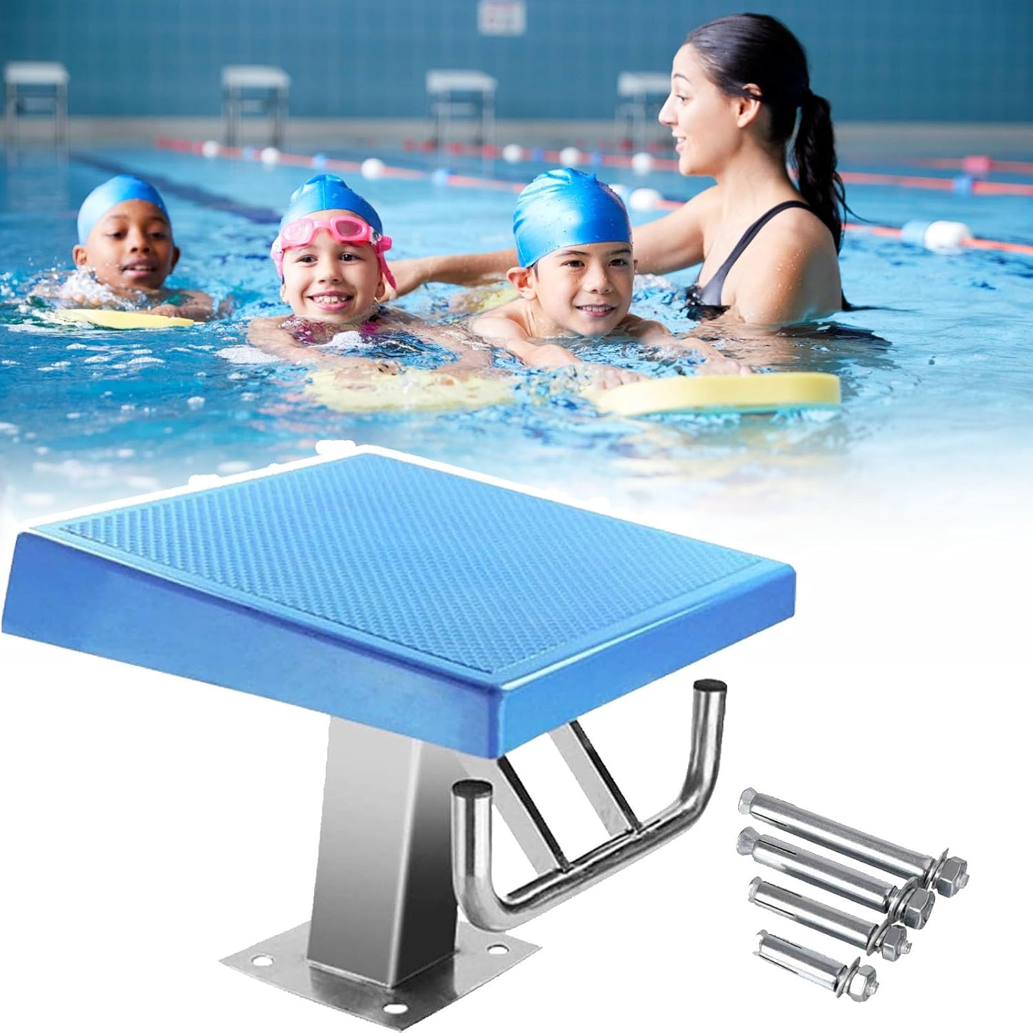 Heavy Duty Pool Diving Board with Handrail, Non-Slip Starting Platform, Stainless Steel Base, 15° Inclined for Training and Competition