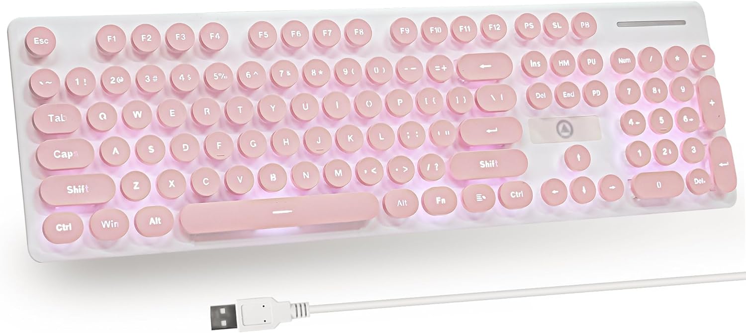 Typewriter Keyboard 104-key Punk Gaming Retro Keyboard LED White Backlit Cute with Wired USB Suitable for PC/Win/Mac/Laptop Computer Keyboard（Pink）