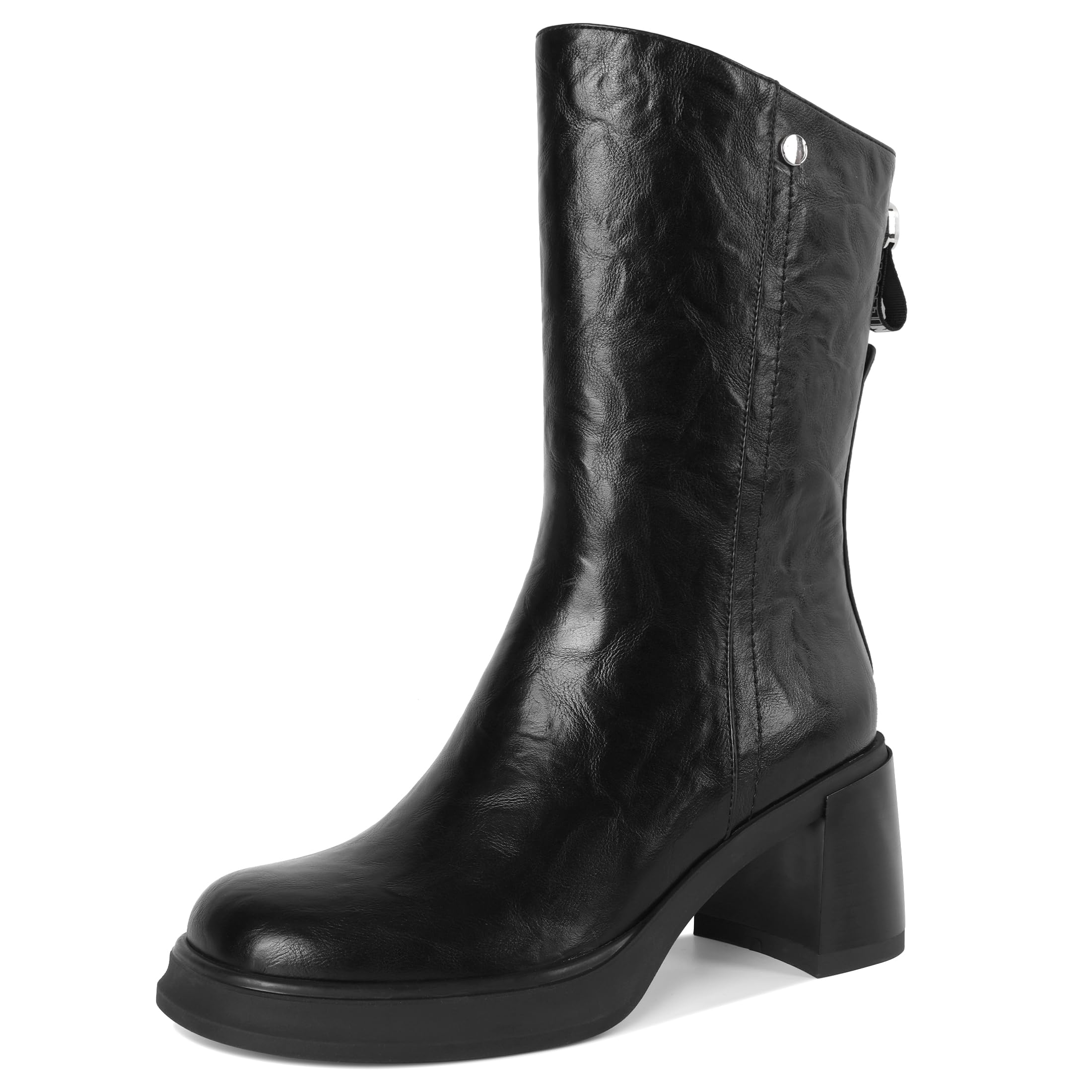 AUMOTED Women’s Go Go Boots Platform Boots Mid-Calf Boots Zipper Square Toe 3 Inches Chunky Heeled Boots