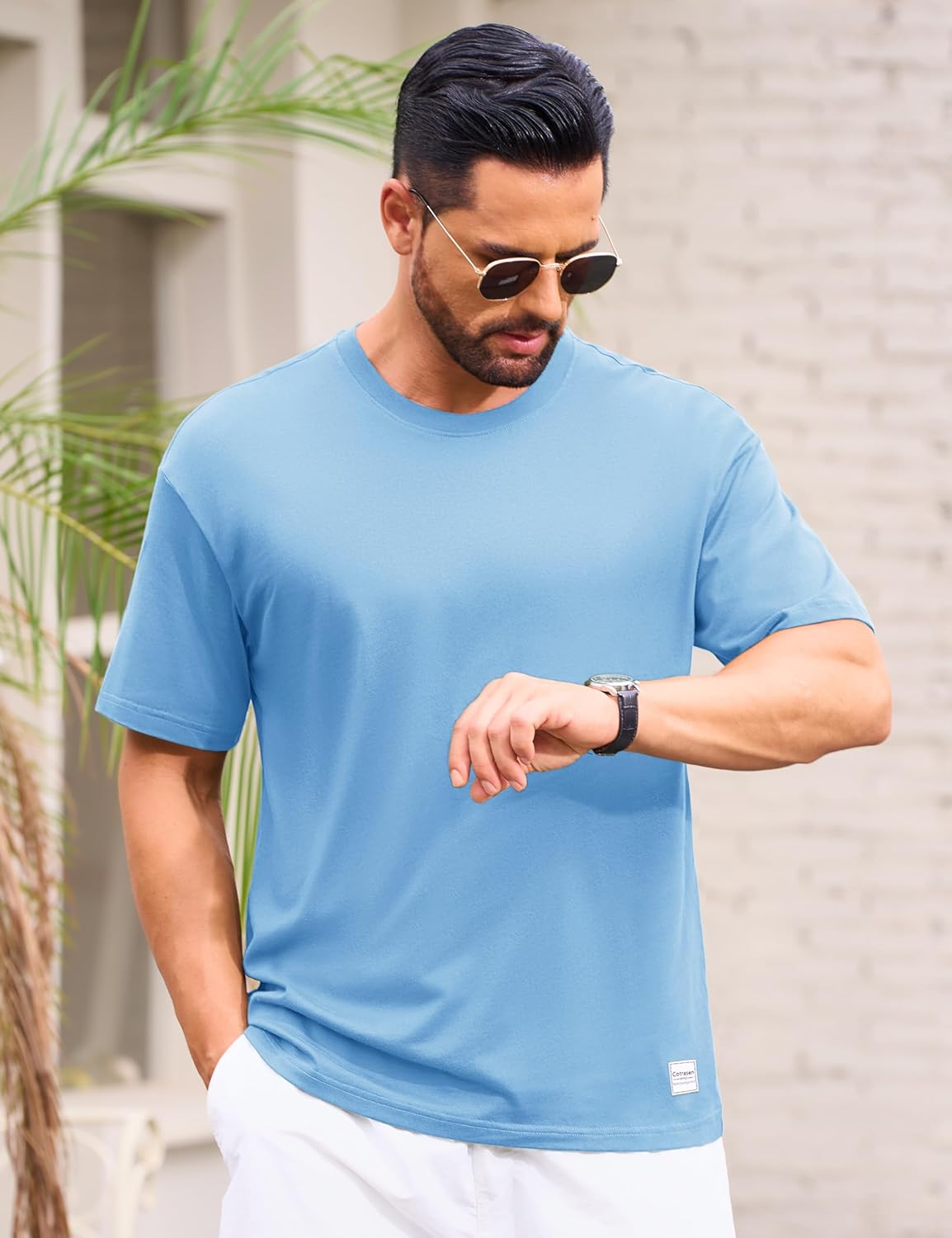 Cotrasen Men's Cotton T-Shirts Crewneck Short Sleeve Summer Casual Shirts Moisture Wicking Soft Basic Oversized Tshirts Sky Blue - Image 2