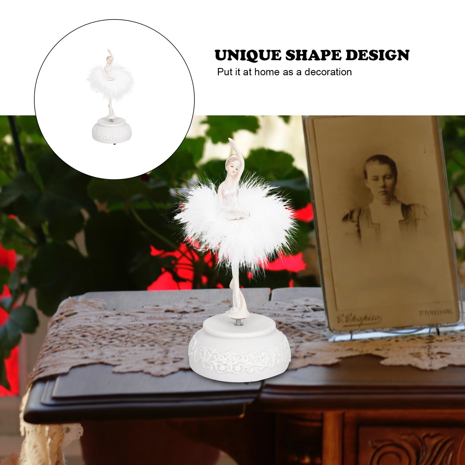 SHINEOFI Scatola Musicale Ornamento Decorativo Chic Rotante Ballerina in Resina Bianca Piuma Artificiale Regalo Romantico e Raffinato per Compleanni e Matrimoni