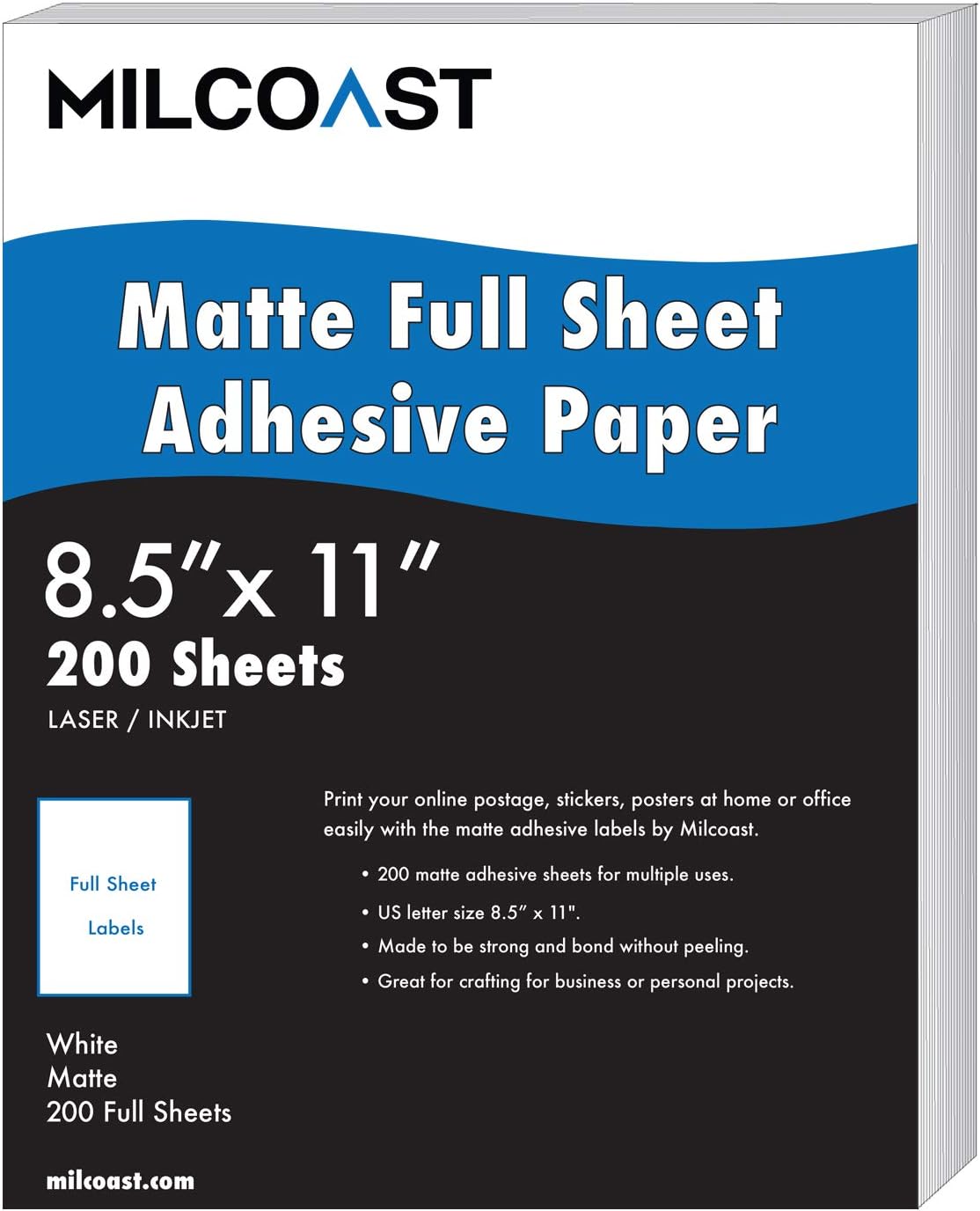 Milcoast Full Sheet 8.5 x 11 inch Matte Adhesive Sticker Paper Labels for Laser/Inkjet Printers (200 Full Sheet)