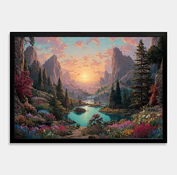 Dreamy Mountain Landscape Wall Art - Sunset Lake & Flower Forest Scenery Poster for Home Office Decoration 18L"x 12W,Animals 1-BFramed