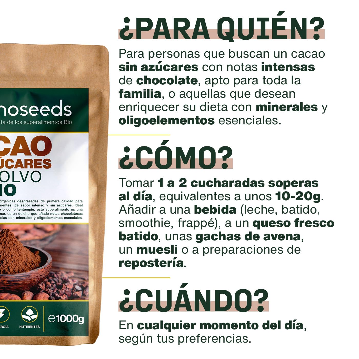 Cacao sin Azúcares en polvo BIO | 100% Puro y Natural | Habas de Cacao desgrasadas Orgánicas | Intenso sabor a chocolate | Primera Calidad