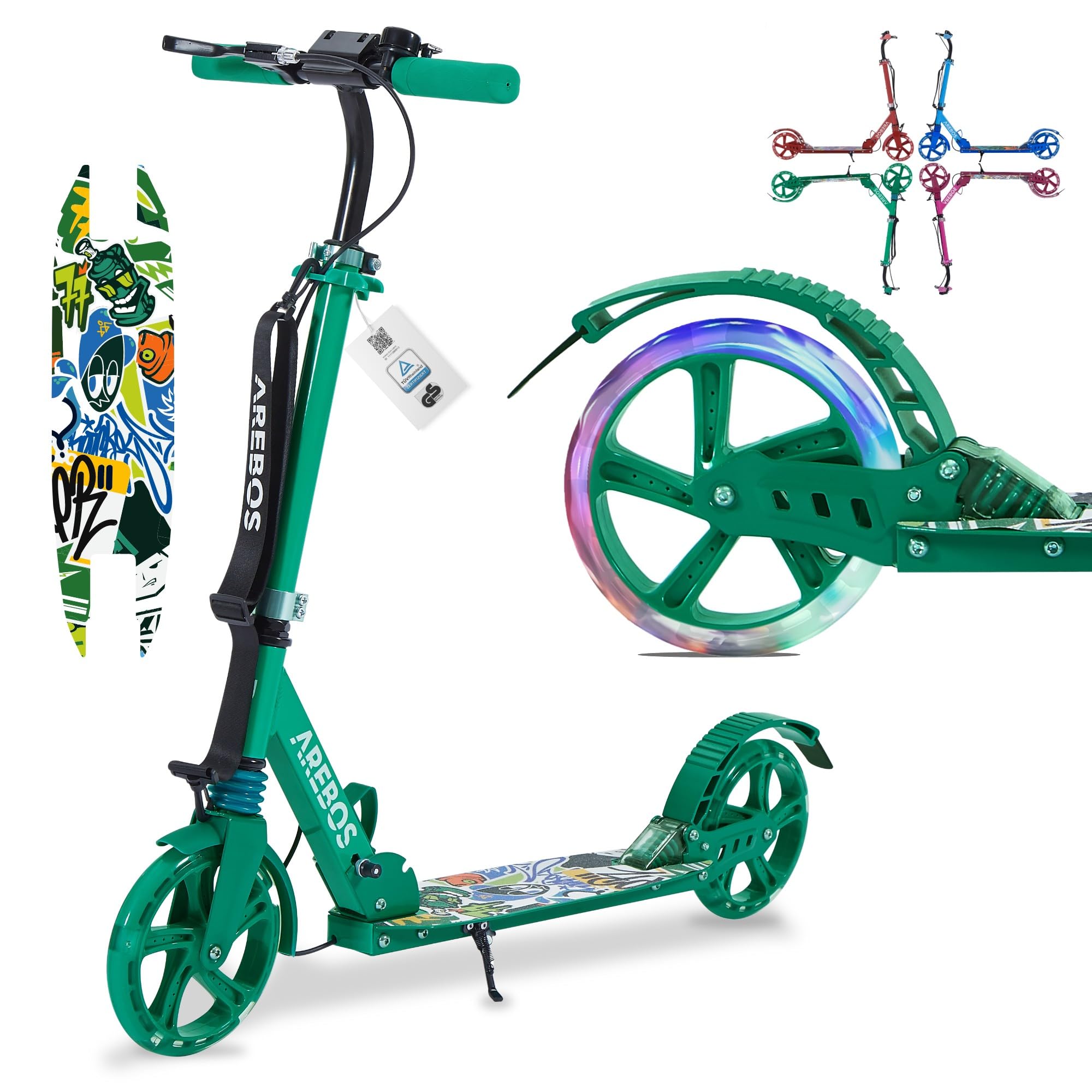 Arebos City Scooter Pedal Scooter Regulable en Altura | Plegable | Incl. Correa de Transporte | Ruedas LED | Freno de Mano | suspensión Delantera-Trasera | niños y Adultos