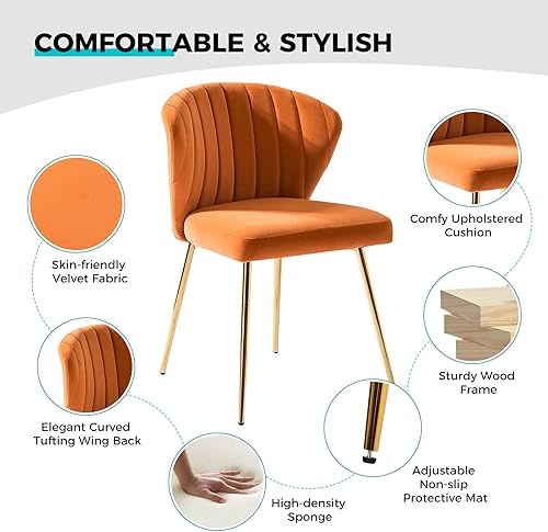 Miniatura 5 de TINA'S HOME Juego de 2 sillas decorativas, sillas laterales de terciopelo glamoroso con patas doradas, sillas de comedor tapizadas de mediados de