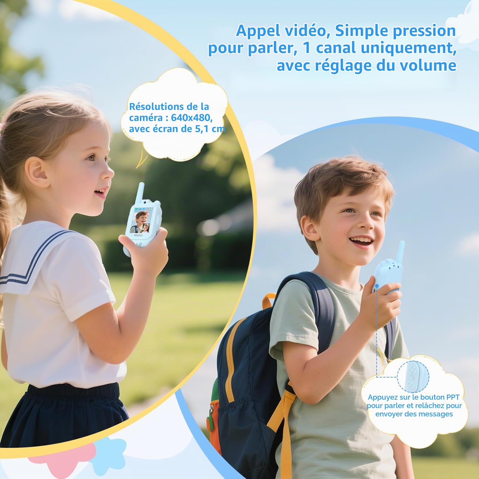 Talkies-Walkies vidéo pour Enfants, Lot de 2, avec Cordon, Bleu + Bleu