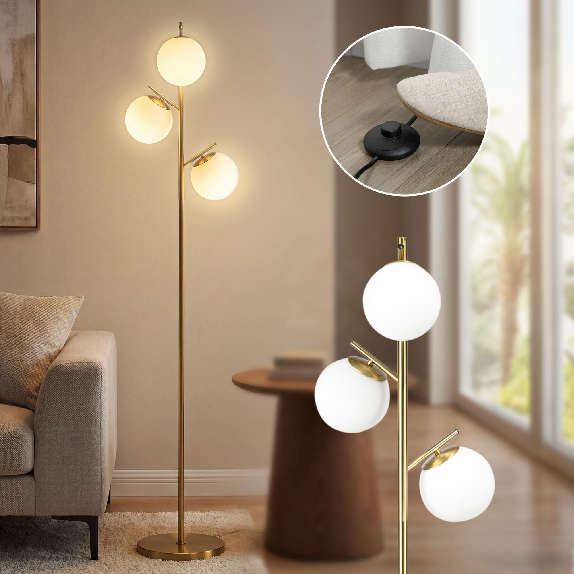 HOMCOM Stehlampe Wohnzimmer Stehleuchte Standleuchte mit 3 E27 Fassungen, 3 Lampenschirmen aus Glas, für Wohnzimmer Schlafzimmer, exkl. Glühbirne, Gold