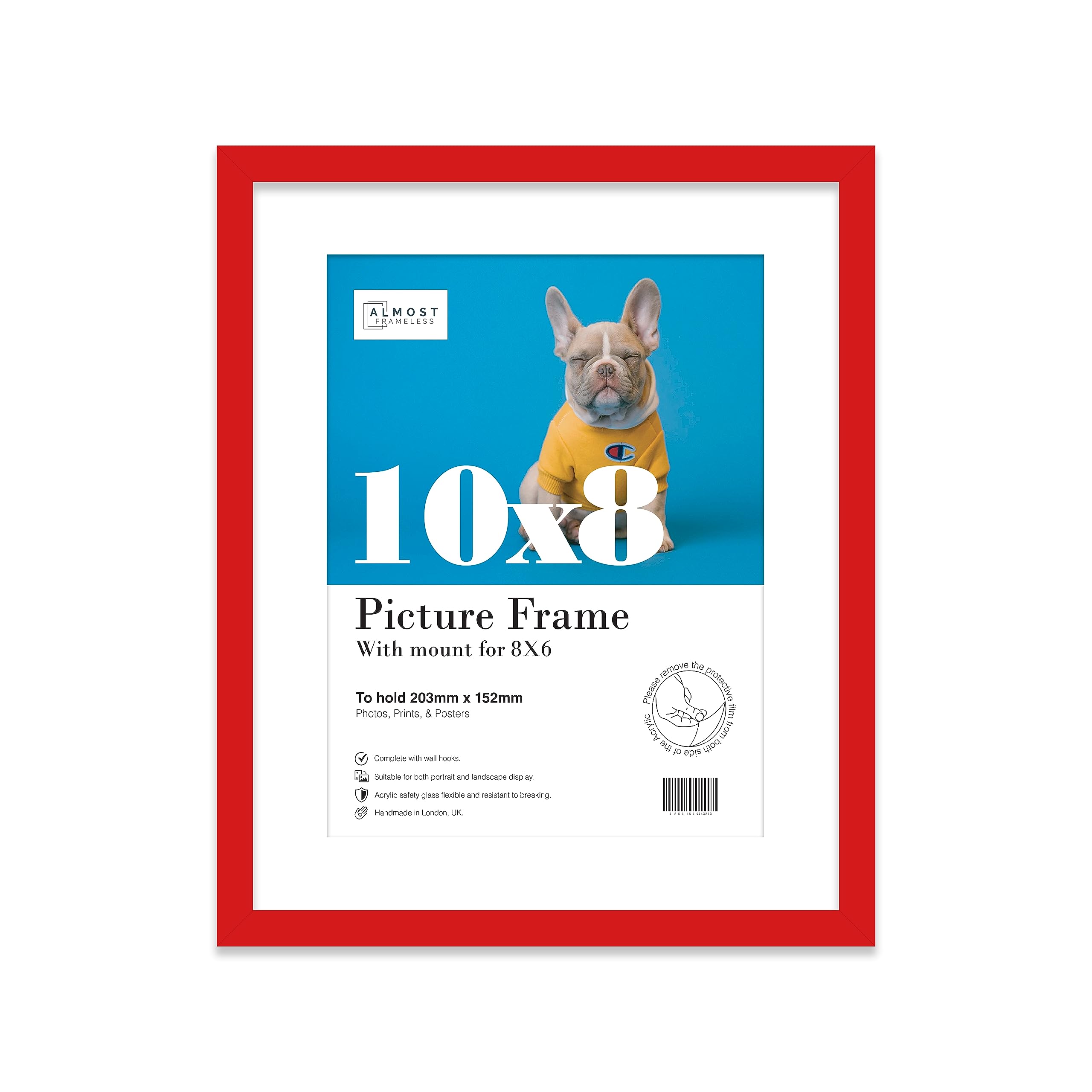 Almost Frameless 10x8 Red Picture Frame With Mount for 8x6 Print, Poster or Photo Poster, Photo, Artwork, or Print. Thin Edge Slim Frame Portrait and Landscape Display with Wall Hooks