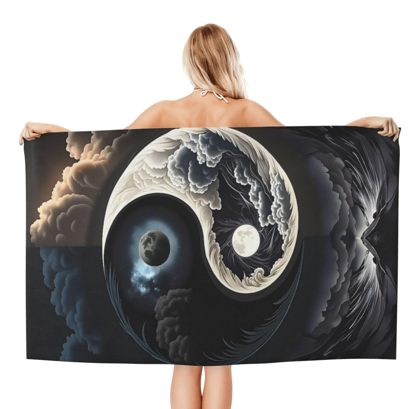 Anceky Beach Towel for Women, Yin Yang Clouds Moon Sand-Free Microfiber Ultra Soft Lightweight Bath Towels for Outdoor Bathroom Swimming 32"X52"