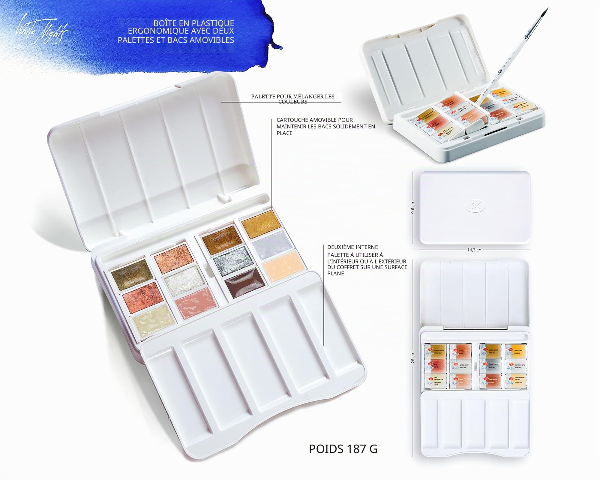White Nights Coffret Aquarelles Metallic and Pastel - Set de 12 godets 2,5 ml Boite plastique palette