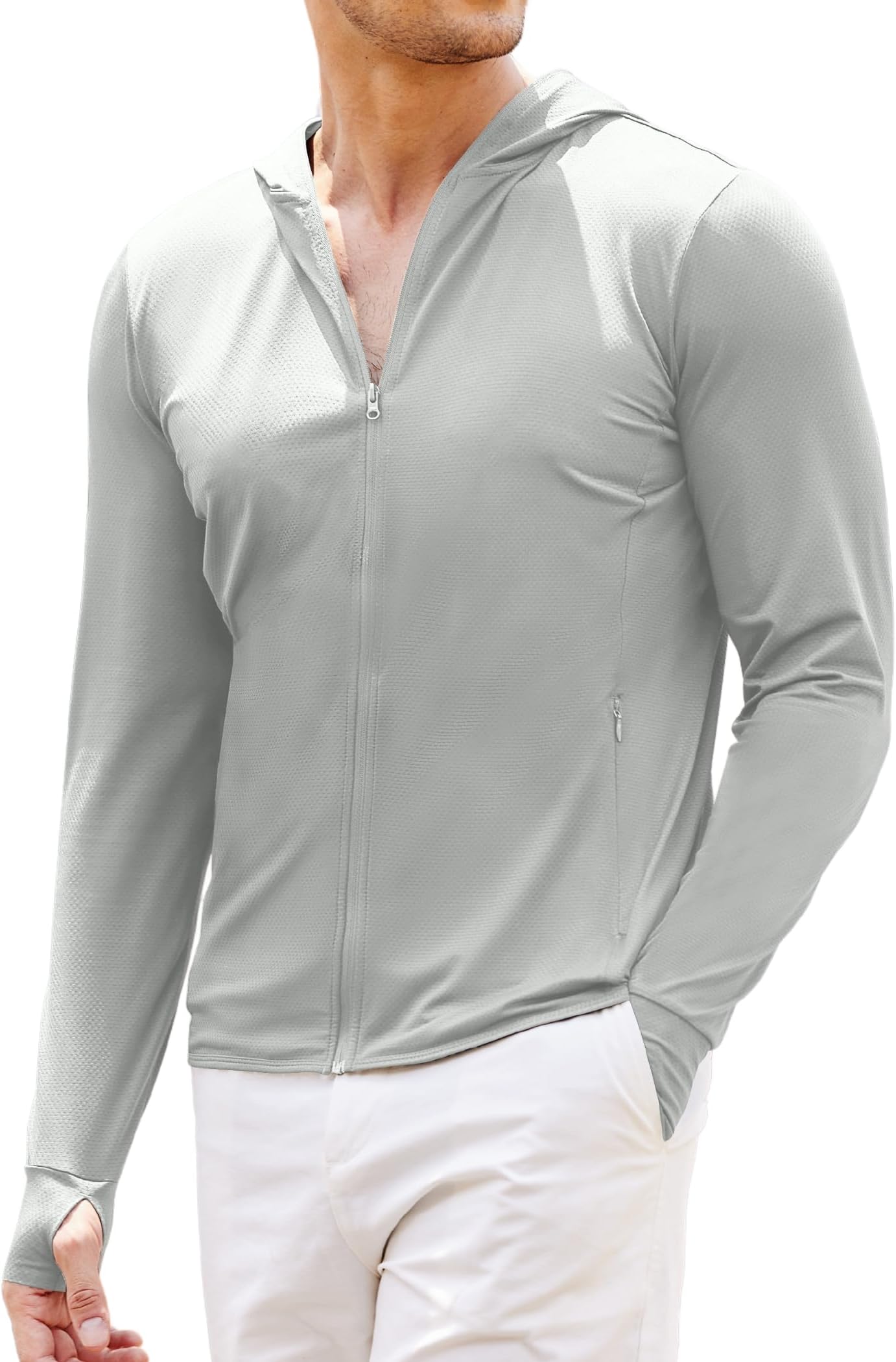 Full-Zip Men's Lightweight Hoodie UPF 50 - Breathable Sun Protection Jacket with Pockets for Golf, Fishing, Hiking